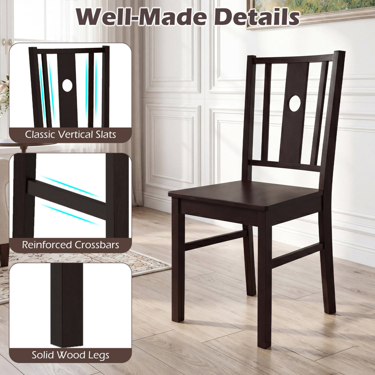 Set of 2 Solid Rubber Wood Kitchen Chairs with Slatted Curved Backrest-Coffee-Dining Chairs-DECOROLALA