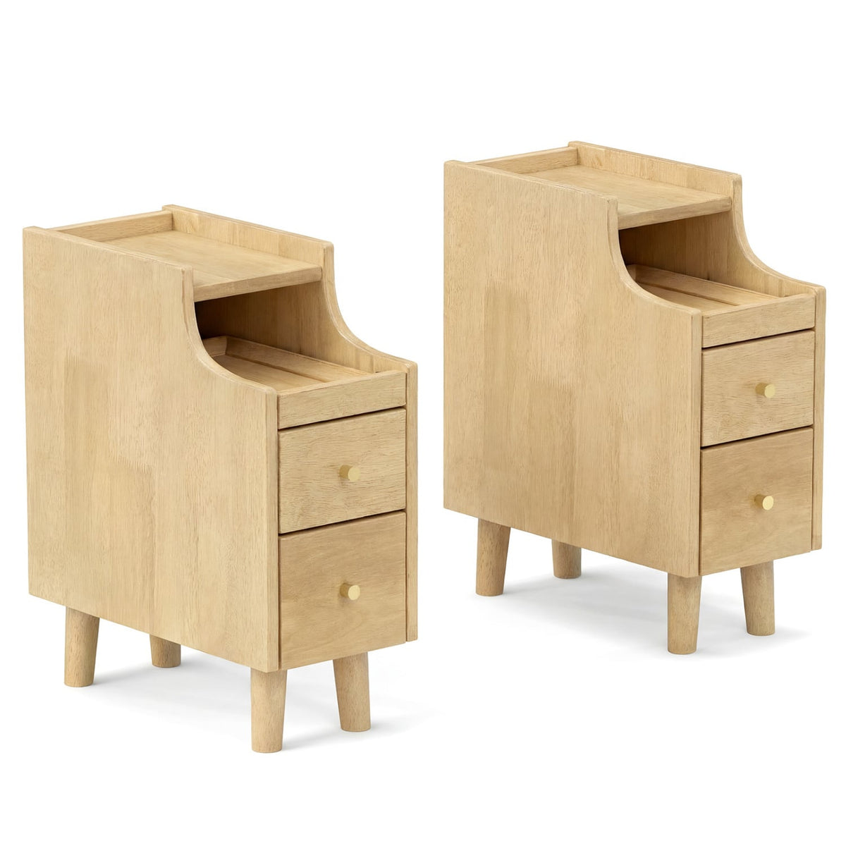 Set of 2 Solid Wood Night Side Table with Pull-out Tray and 2 Storage Drawers-Natural-Nightstands-DECOROLALA