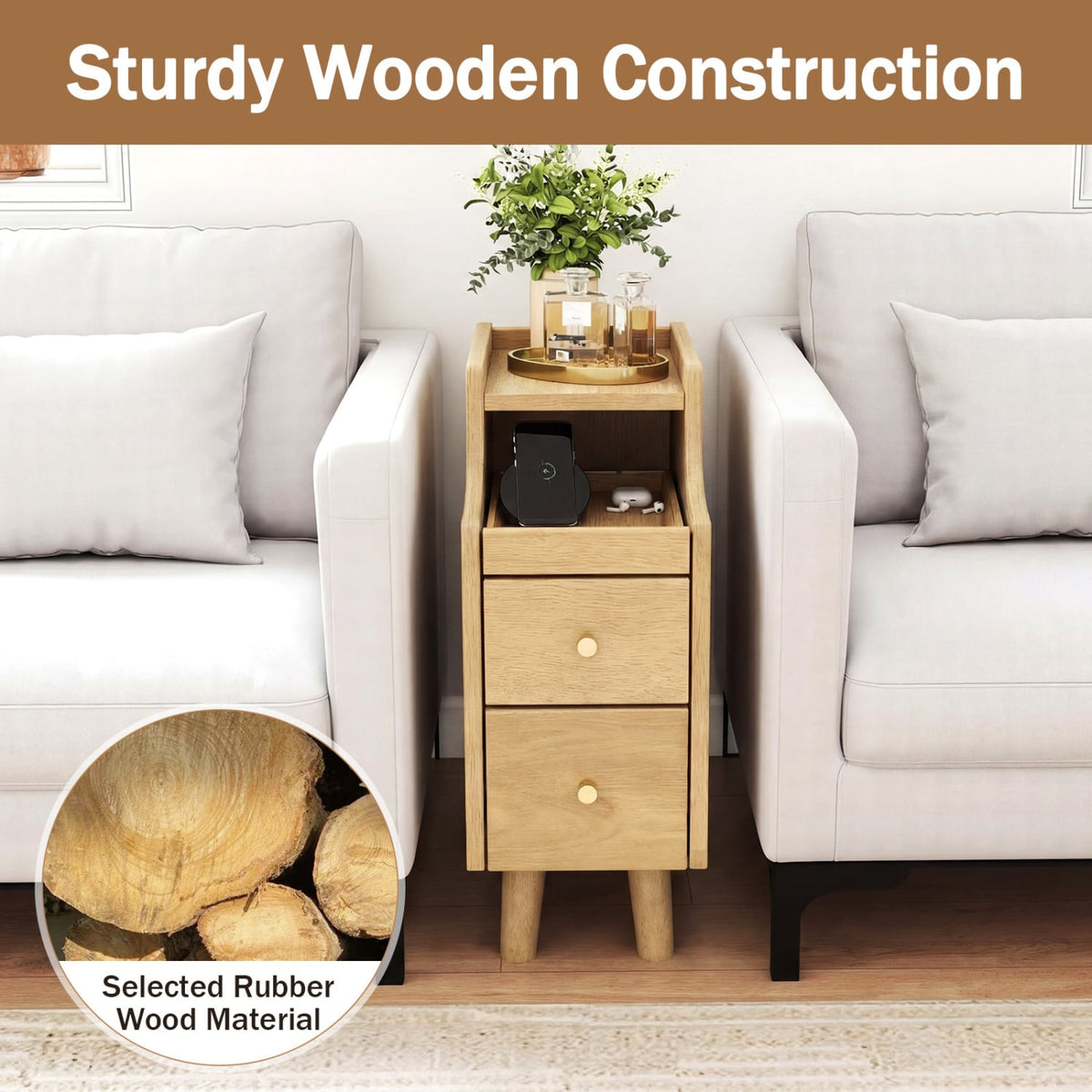 Set of 2 Solid Wood Night Side Table with Pull-out Tray and 2 Storage Drawers-Natural-Nightstands-DECOROLALA