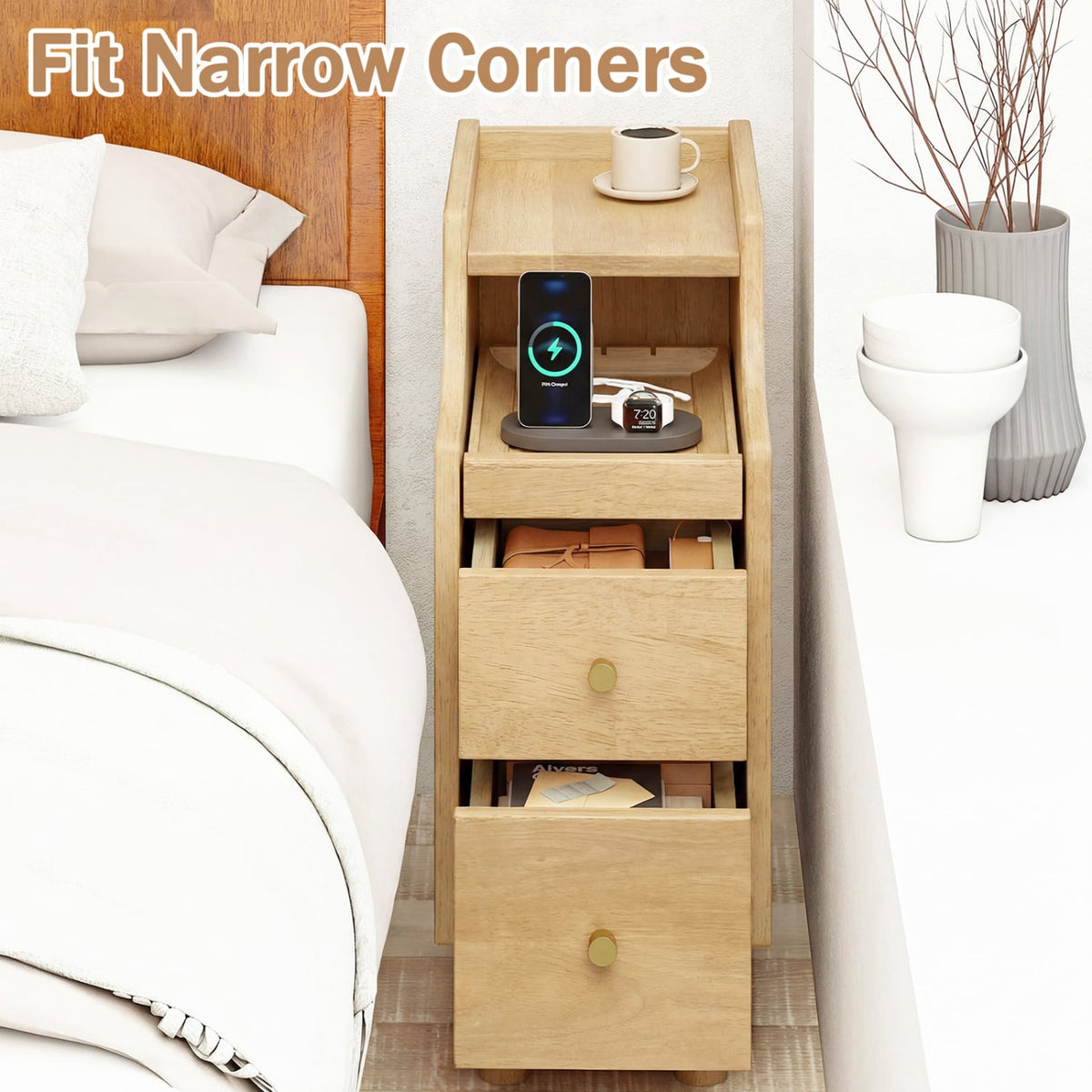 Set of 2 Solid Wood Night Side Table with Pull-out Tray and 2 Storage Drawers-Natural-Nightstands-DECOROLALA