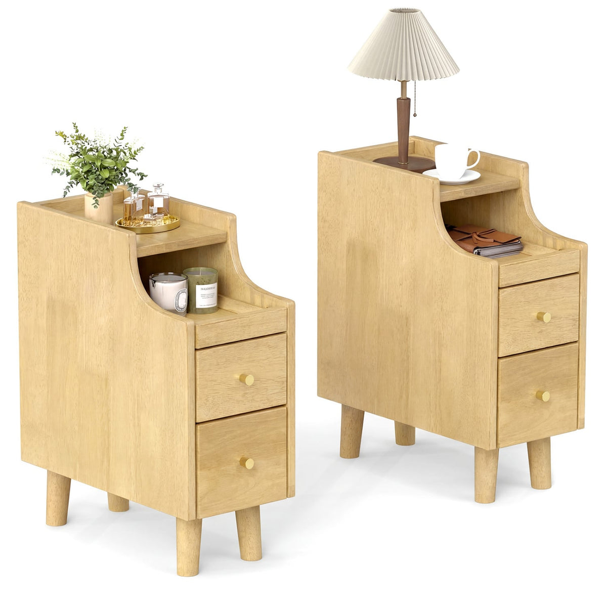 Set of 2 Solid Wood Night Side Table with Pull-out Tray and 2 Storage Drawers-Natural-Nightstands-DECOROLALA