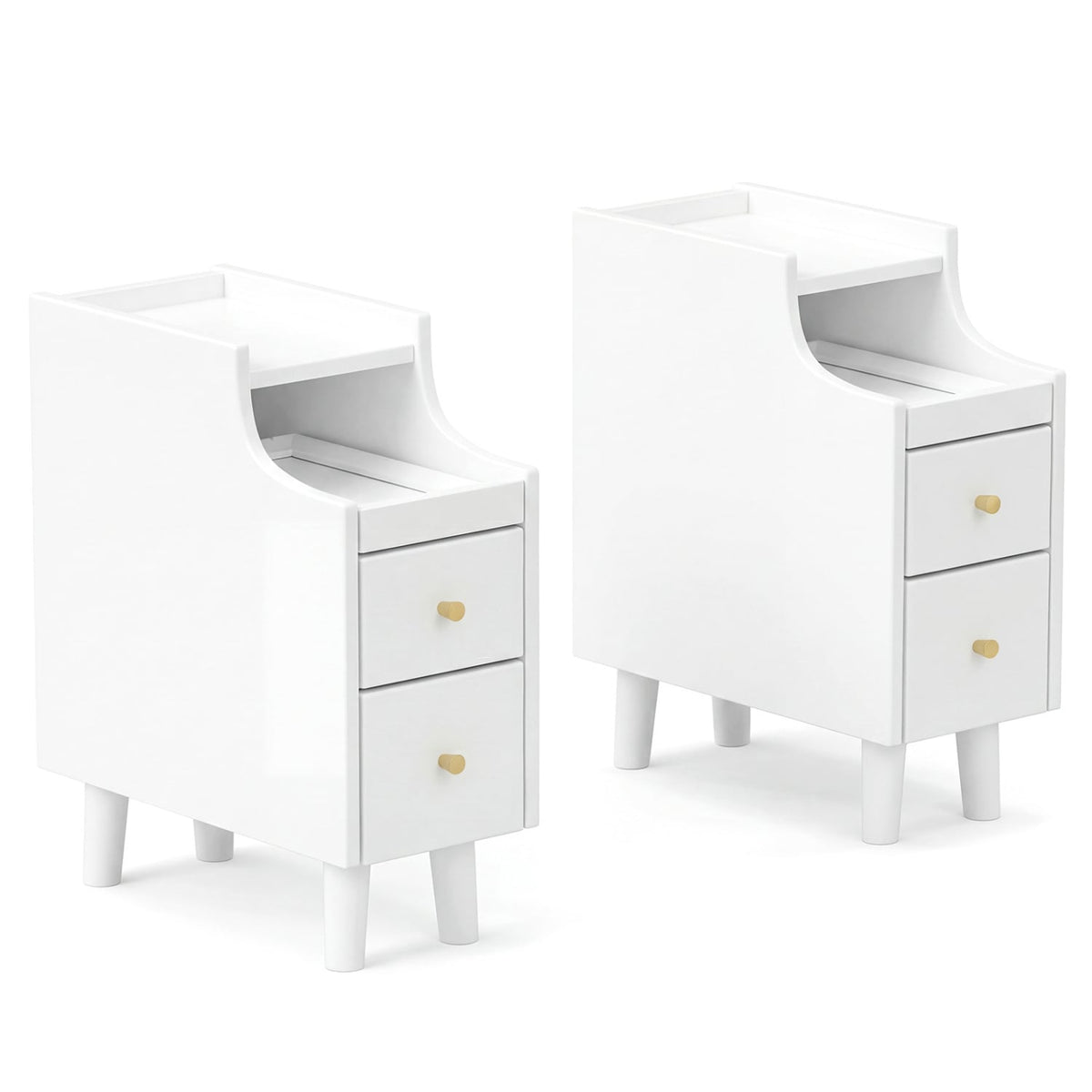 Set of 2 Solid Wood Night Side Table with Pull-out Tray and 2 Storage Drawers-White-Nightstands-DECOROLALA