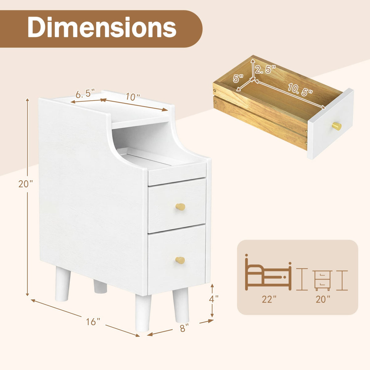 Set of 2 Solid Wood Night Side Table with Pull-out Tray and 2 Storage Drawers-White-Nightstands-DECOROLALA