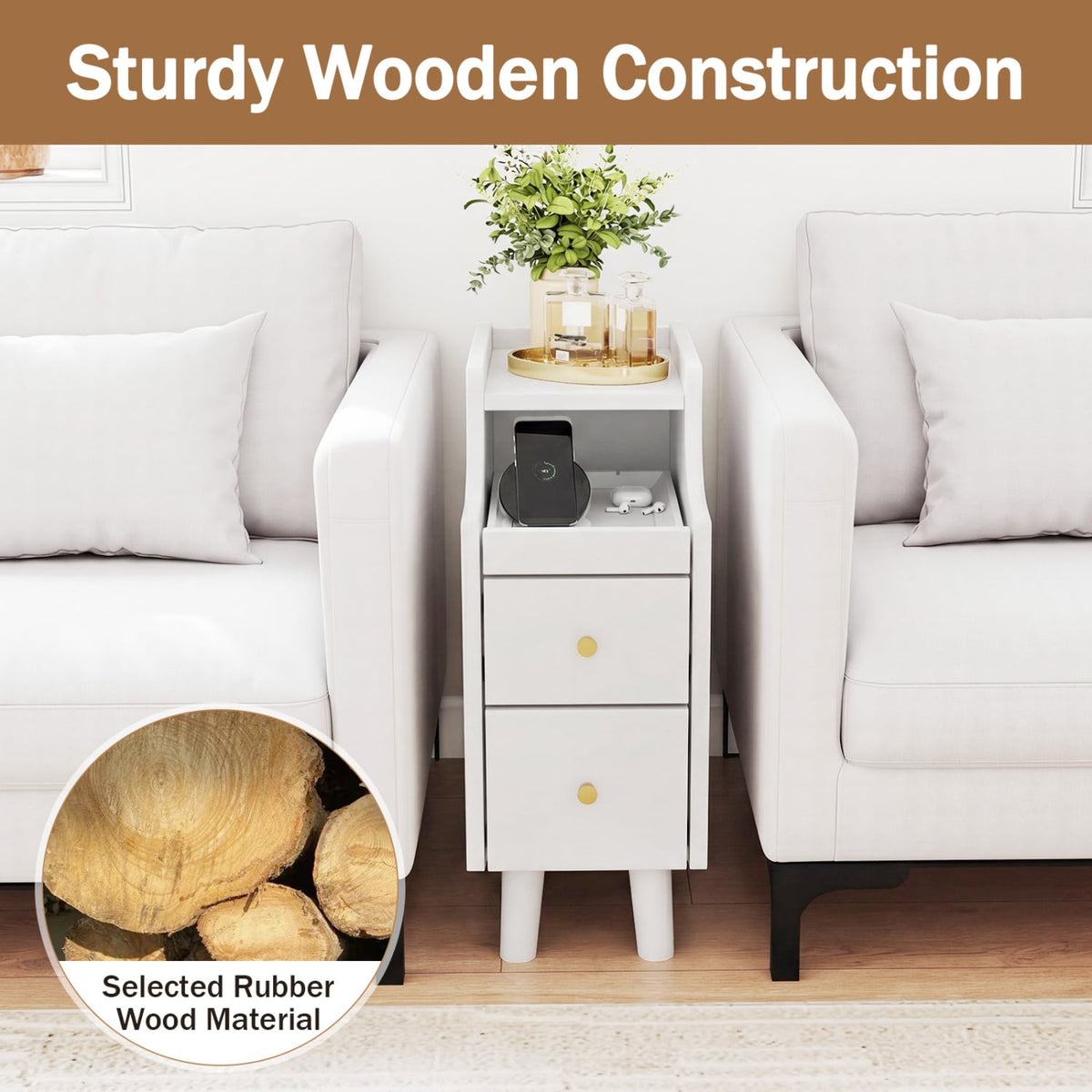 Set of 2 Solid Wood Night Side Table with Pull-out Tray and 2 Storage Drawers-White-Nightstands-DECOROLALA