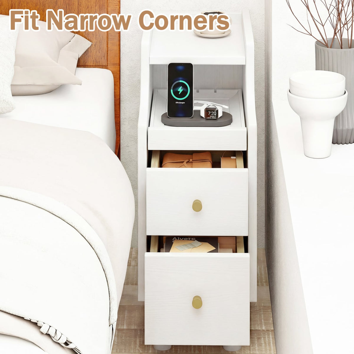 Set of 2 Solid Wood Night Side Table with Pull-out Tray and 2 Storage Drawers-White-Nightstands-DECOROLALA