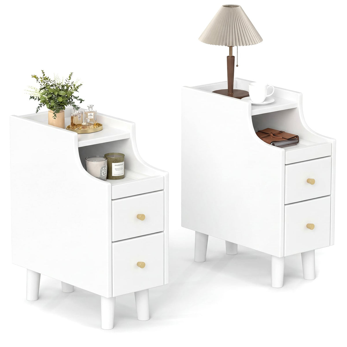 Set of 2 Solid Wood Night Side Table with Pull-out Tray and 2 Storage Drawers-White-Nightstands-DECOROLALA