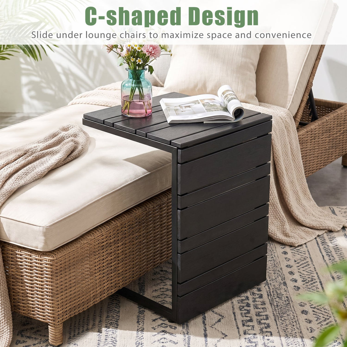 Set of 2 Space-Saving C-Shaped Side Table with Wood-Plastic Top-Black-End & Side Tables-DECOROLALA