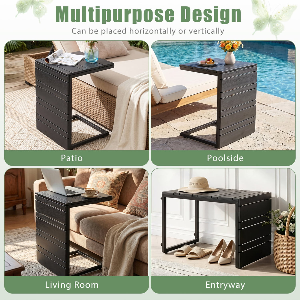 Set of 2 Space-Saving C-Shaped Side Table with Wood-Plastic Top-Black-End & Side Tables-DECOROLALA