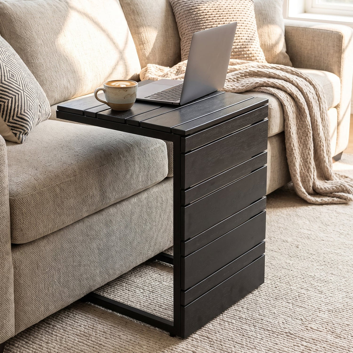 Set of 2 Space-Saving C-Shaped Side Table with Wood-Plastic Top-Black-End & Side Tables-DECOROLALA