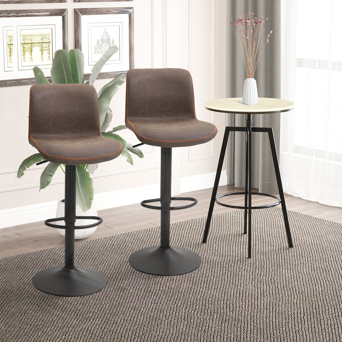 Set of 2 Swivel Adjustable Bar Stools - Brown PU Leather-Home Furnishings > Kitchen & Dining Furniture > Bar Stools-DECOROLALA