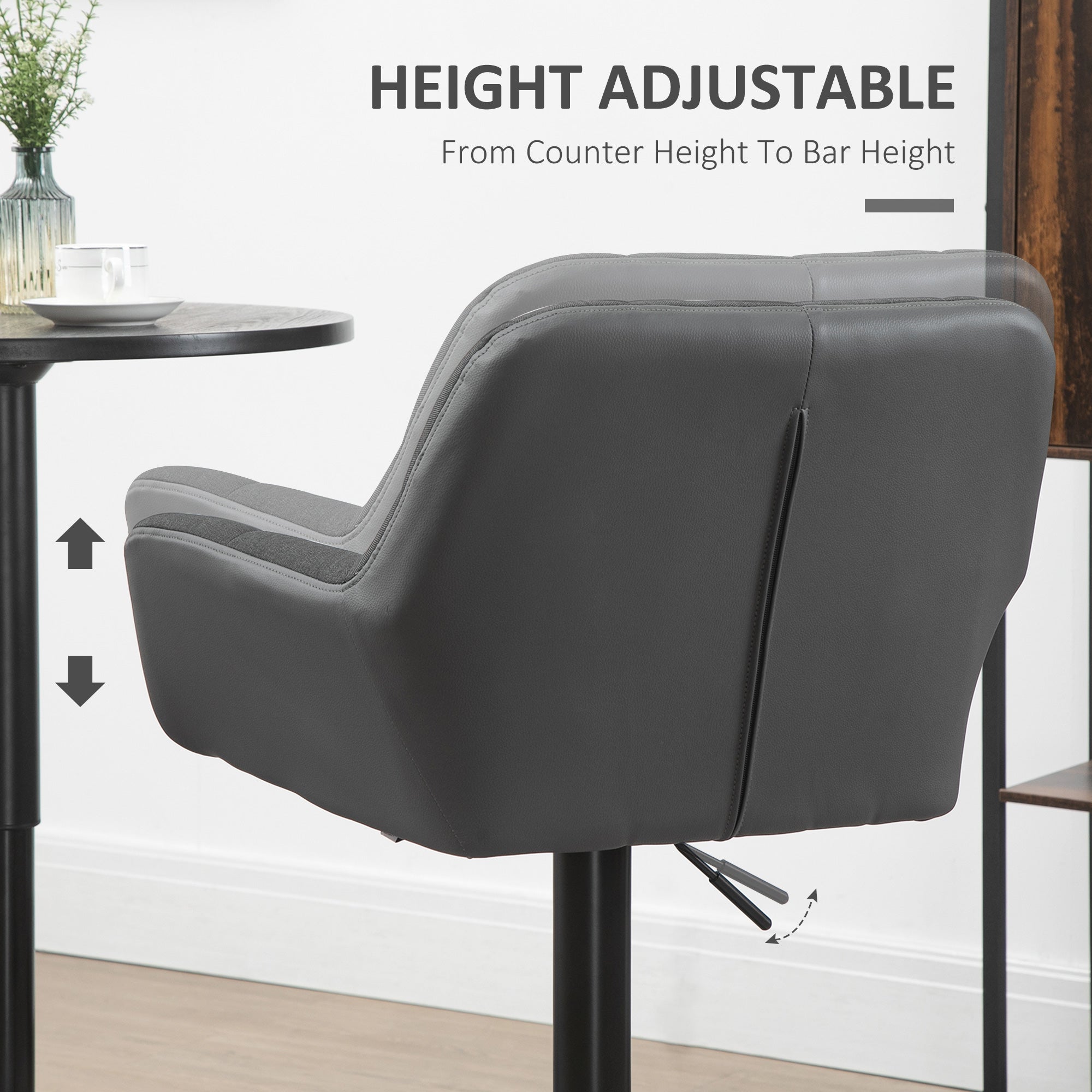 Set of 2 Swivel Adjustable Barstools - Grey PU Leather-DECOROLALA