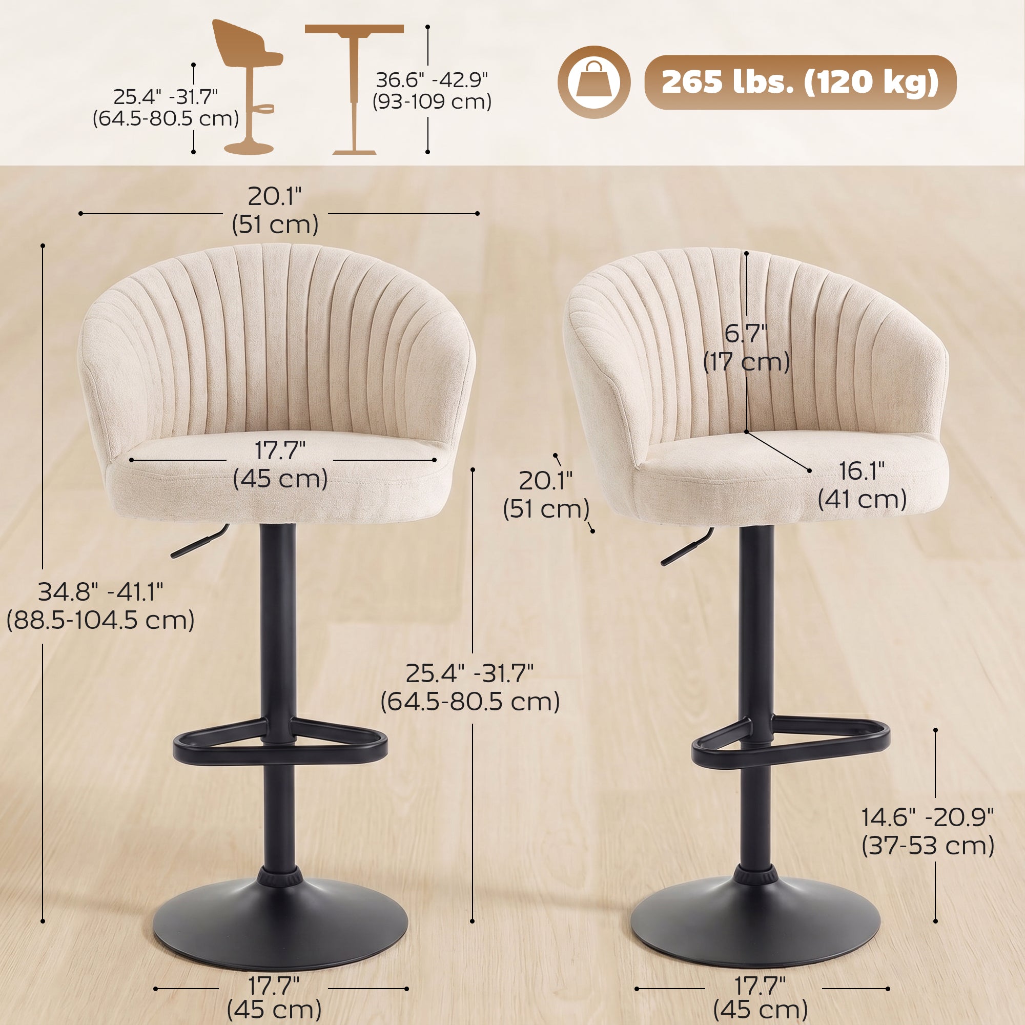 Set of 2 Swivel Bar Stools - Adjustable Beige Linen-DECOROLALA