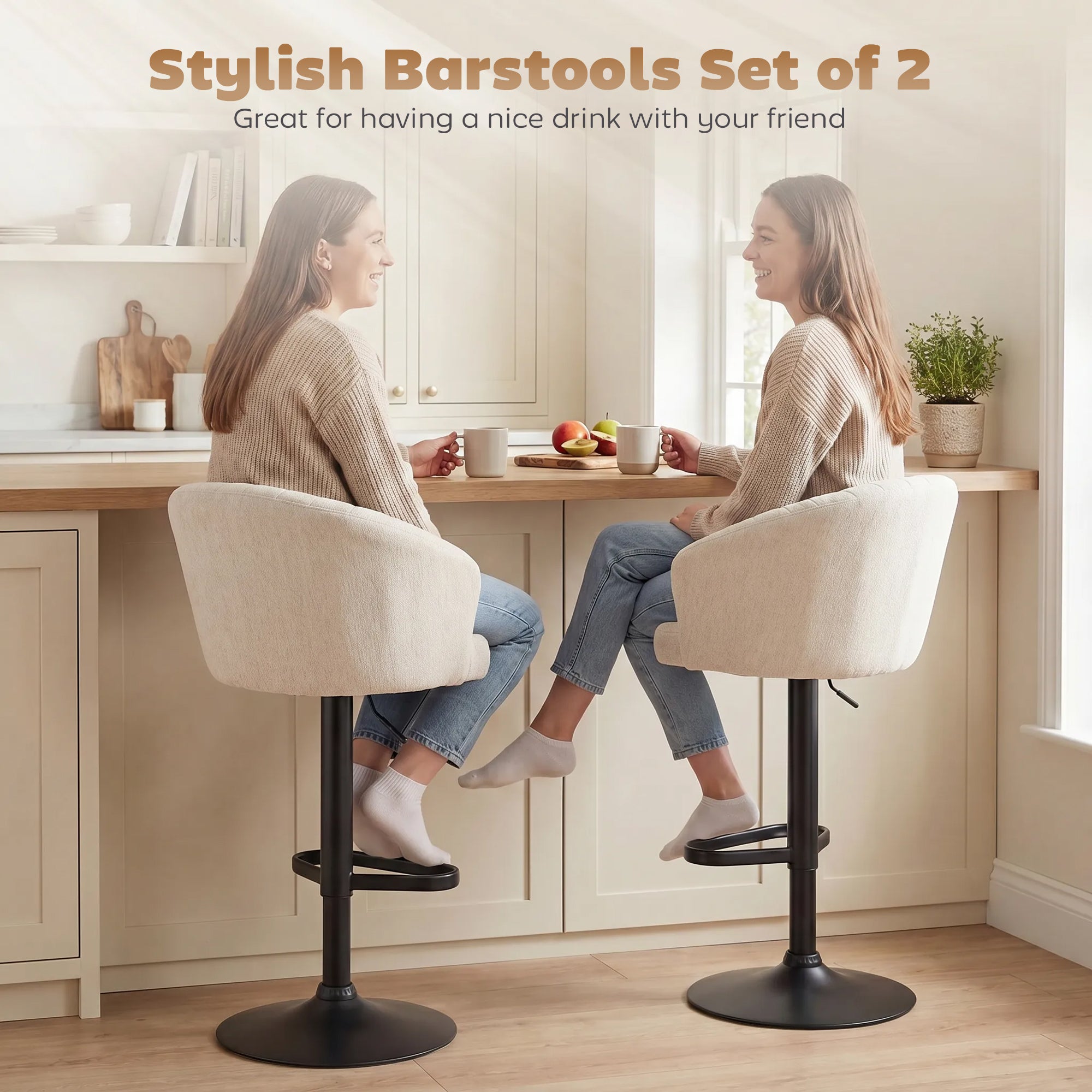 Set of 2 Swivel Bar Stools - Adjustable Beige Linen-DECOROLALA