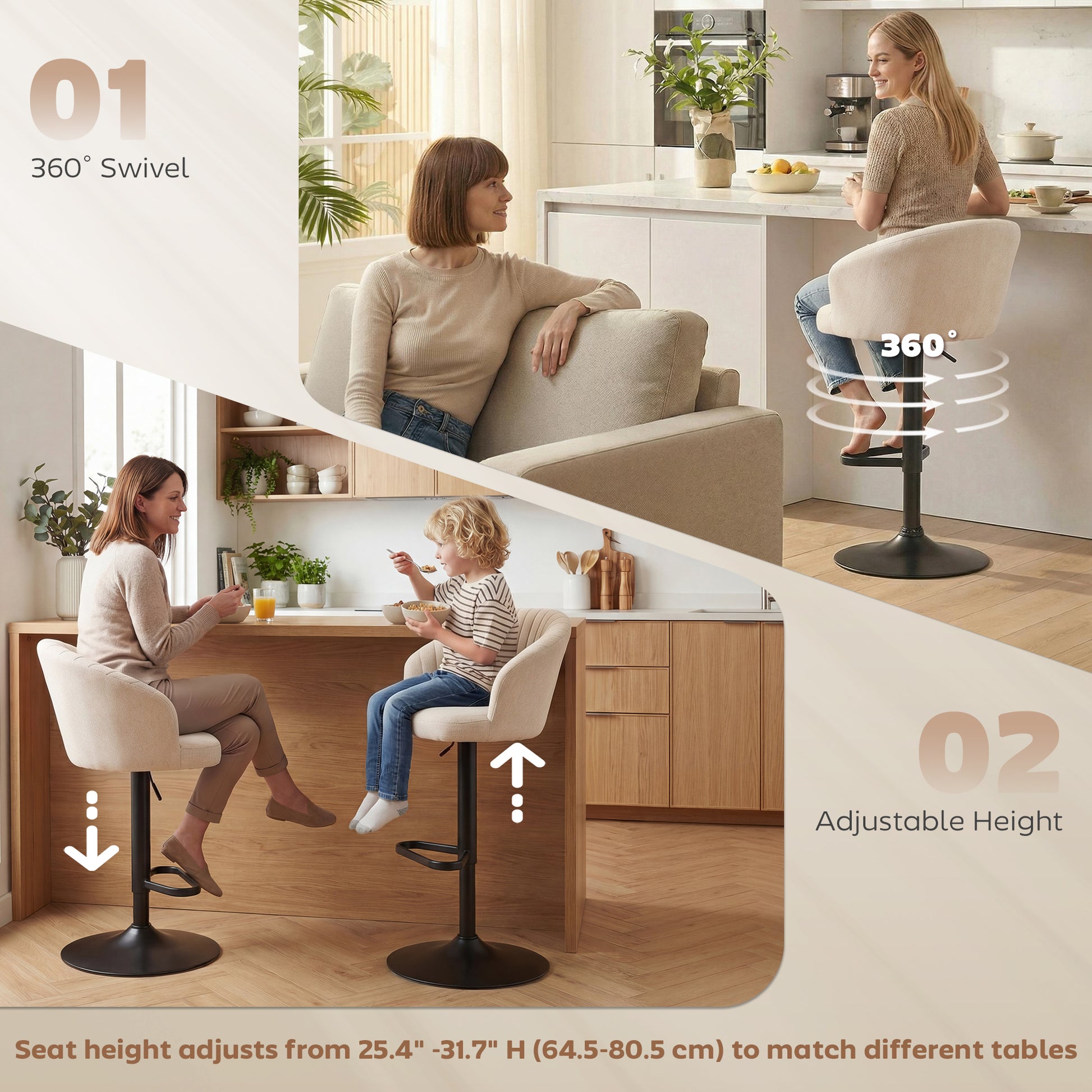 Set of 2 Swivel Bar Stools - Adjustable Beige Linen-DECOROLALA