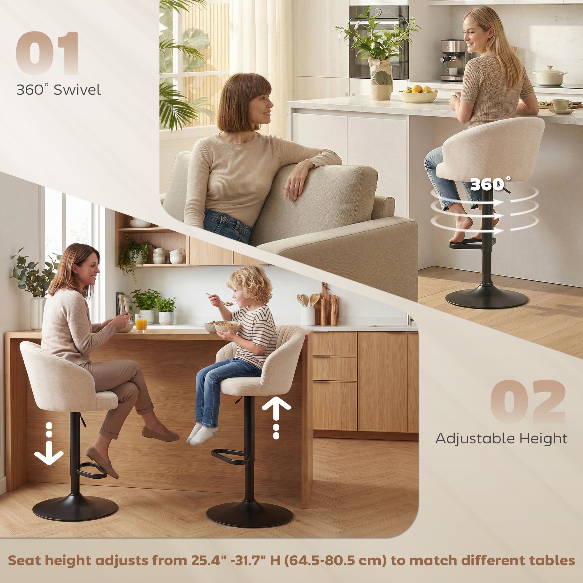 Set of 2 Swivel Bar Stools - Adjustable Beige Linen-DECOROLALA