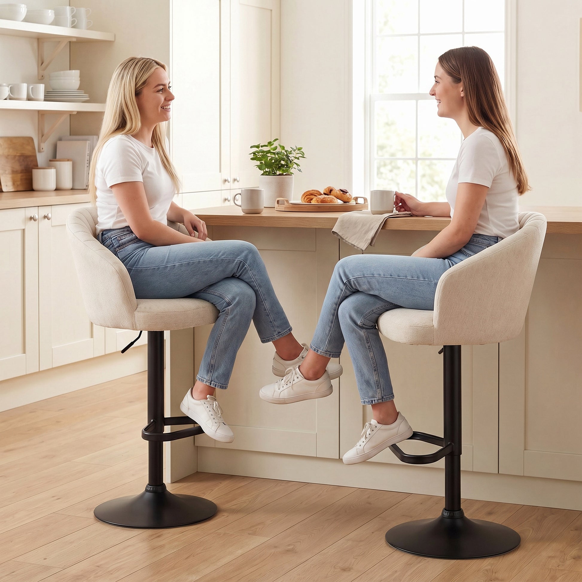 Set of 2 Swivel Bar Stools - Adjustable Beige Linen-DECOROLALA