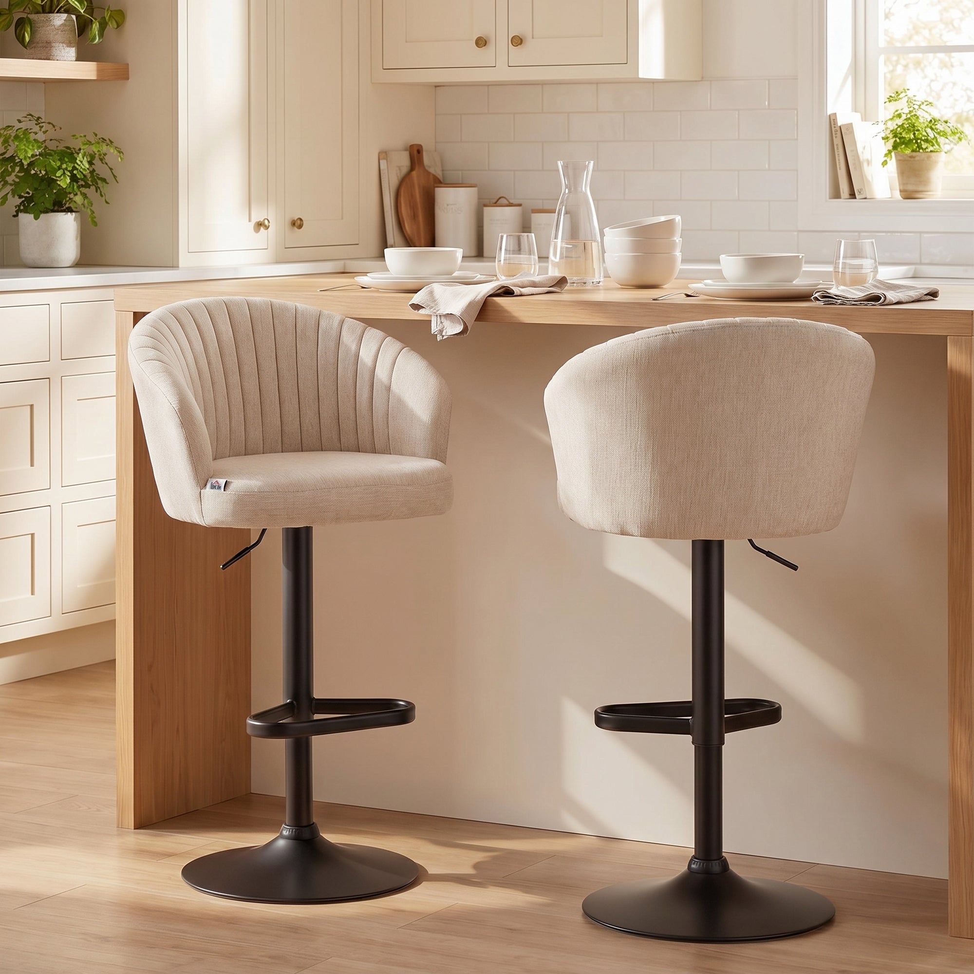 Set of 2 Swivel Bar Stools - Adjustable Beige Linen-DECOROLALA