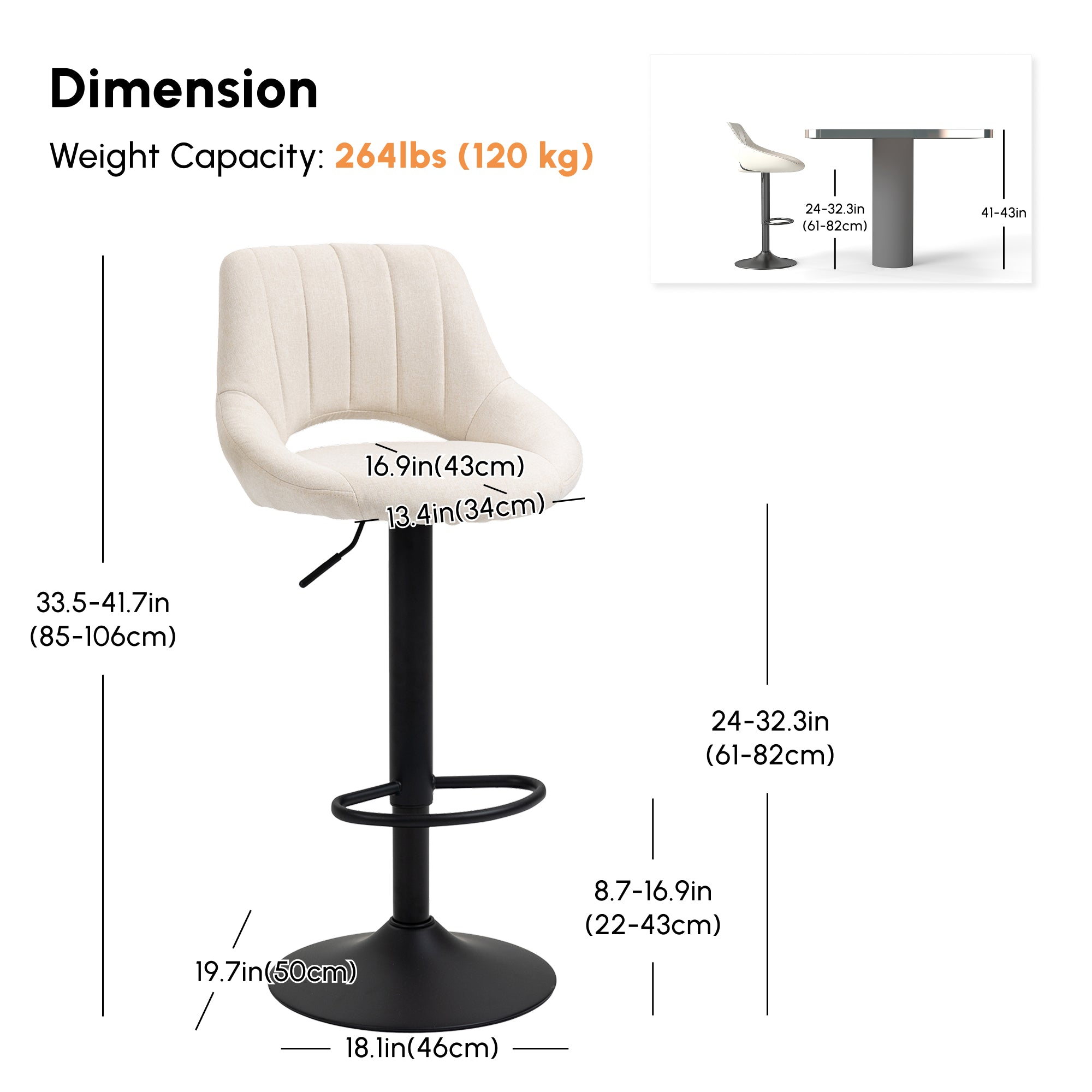 Set of 2 Swivel Bar Stools - Adjustable Cream Linen-DECOROLALA
