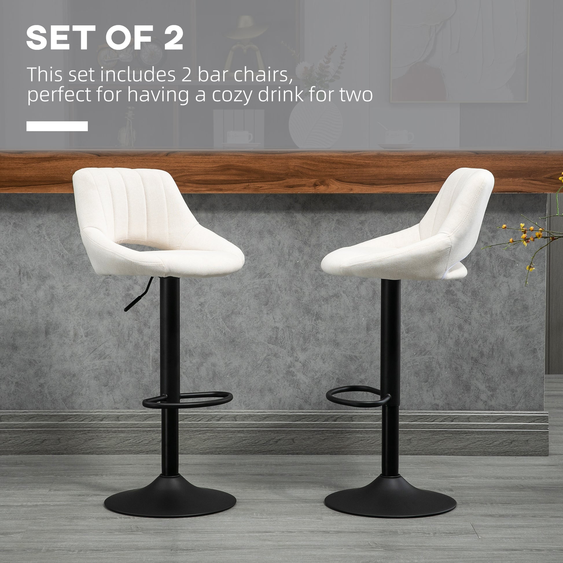 Set of 2 Swivel Bar Stools - Adjustable Cream Linen-DECOROLALA