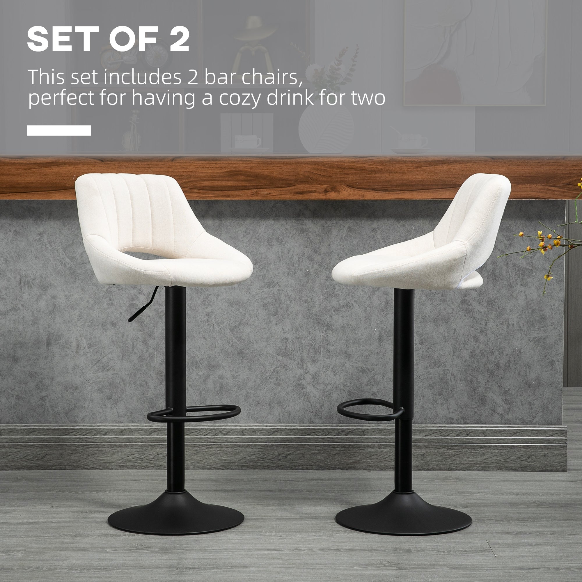 Set of 2 Swivel Bar Stools - Adjustable Cream Linen-DECOROLALA
