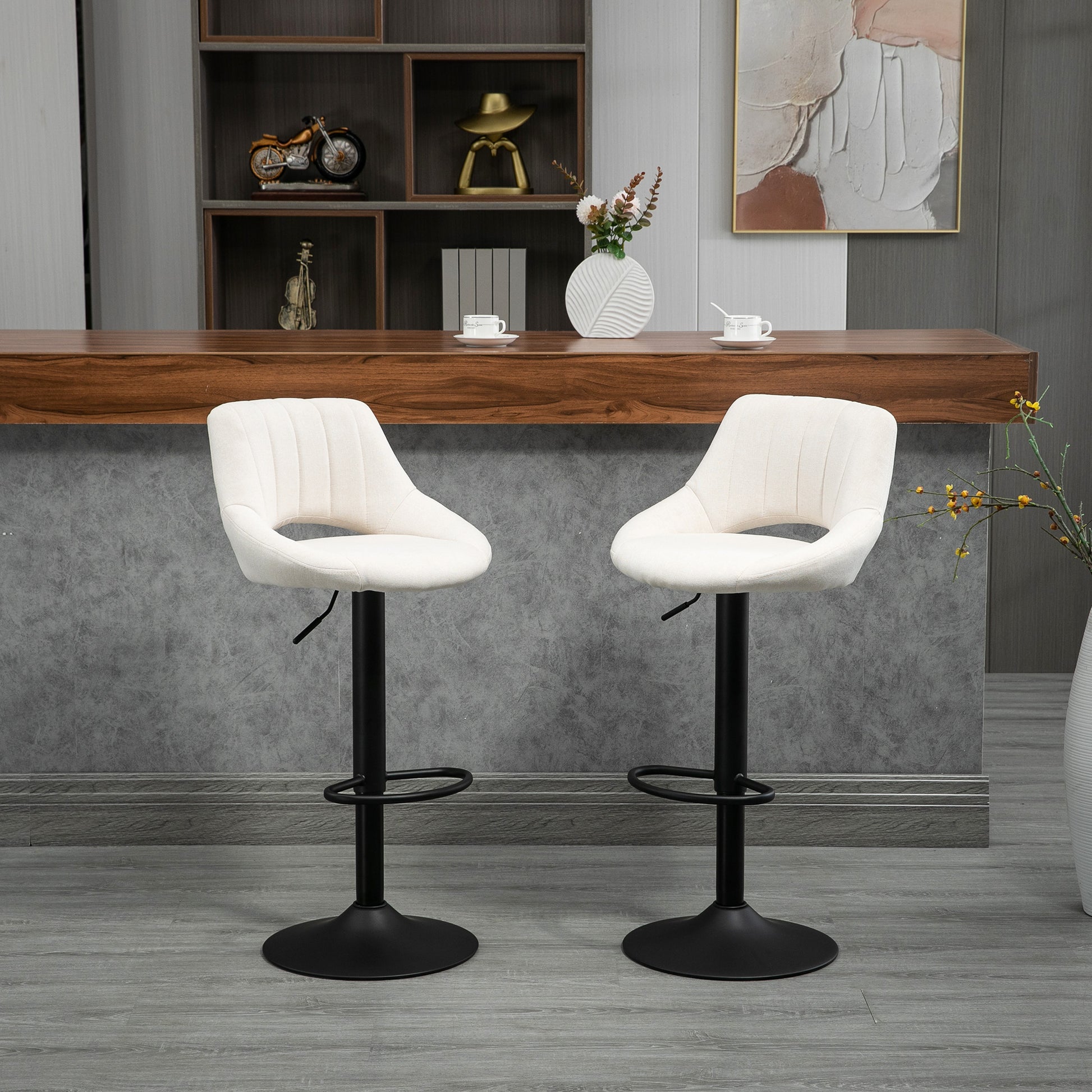 Set of 2 Swivel Bar Stools - Adjustable Cream Linen-DECOROLALA