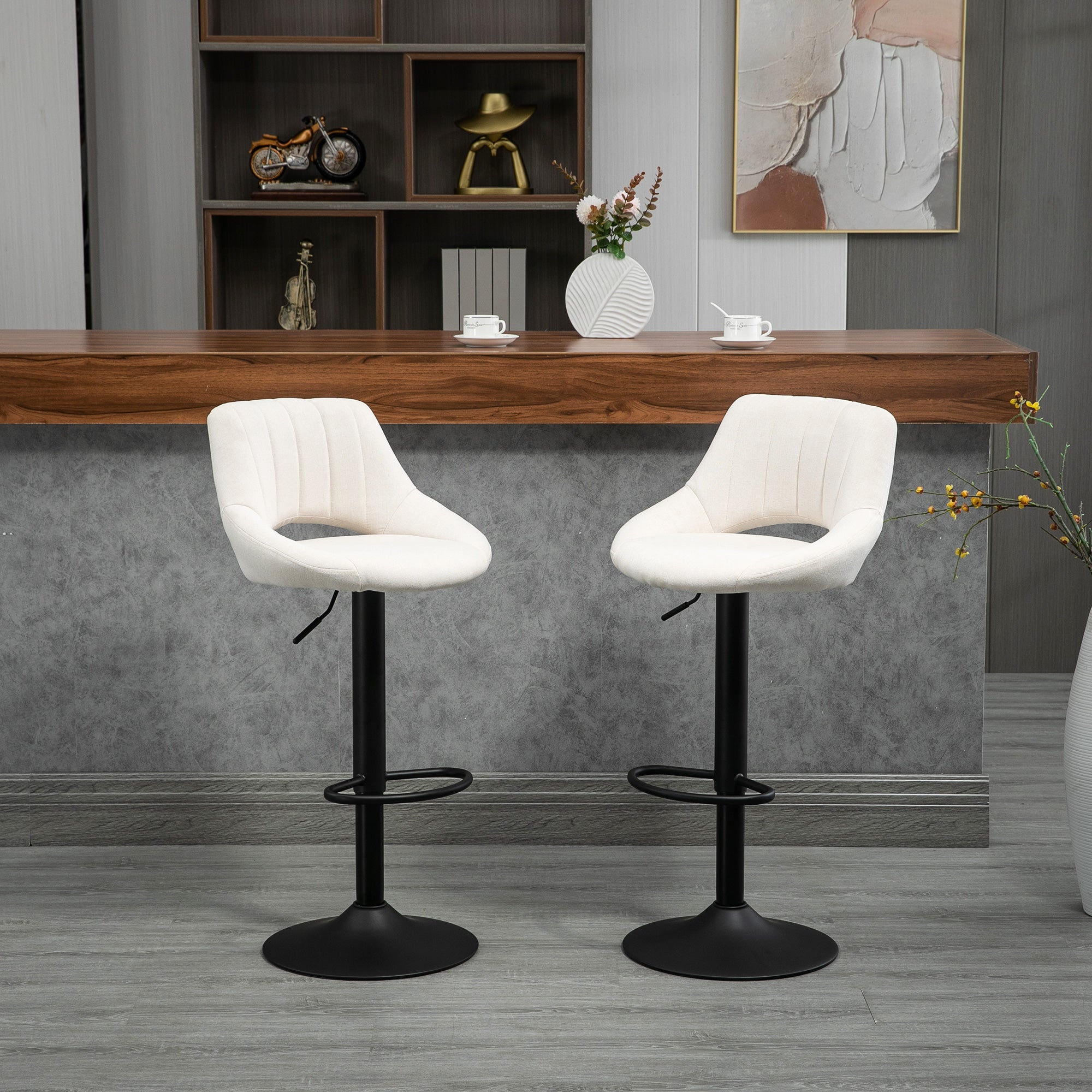 Set of 2 Swivel Bar Stools - Adjustable Cream Linen-DECOROLALA