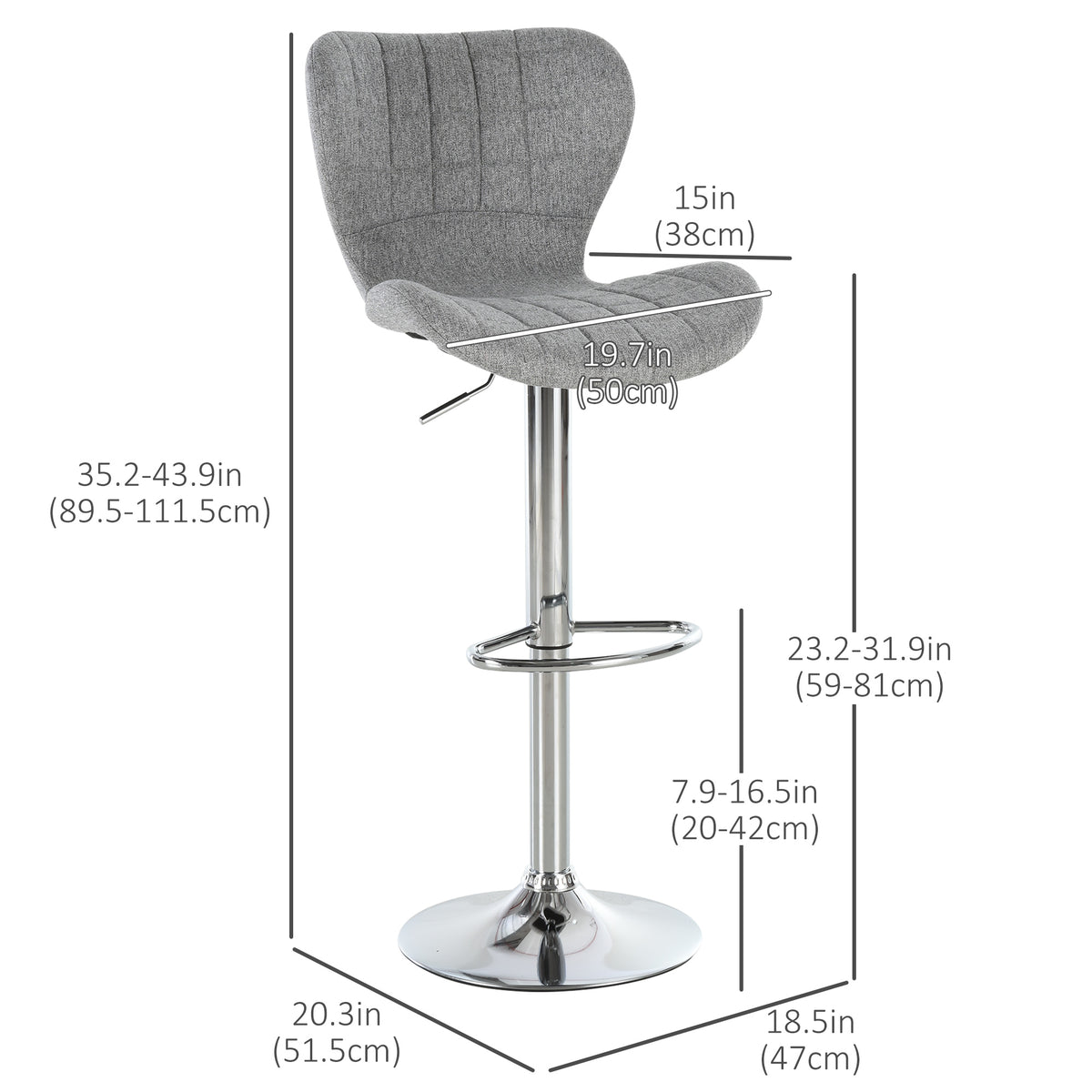 Set of 2 Swivel Bar Stools - Adjustable Grey Fabric-Home Furnishings > Kitchen & Dining Furniture > Bar Stools-DECOROLALA
