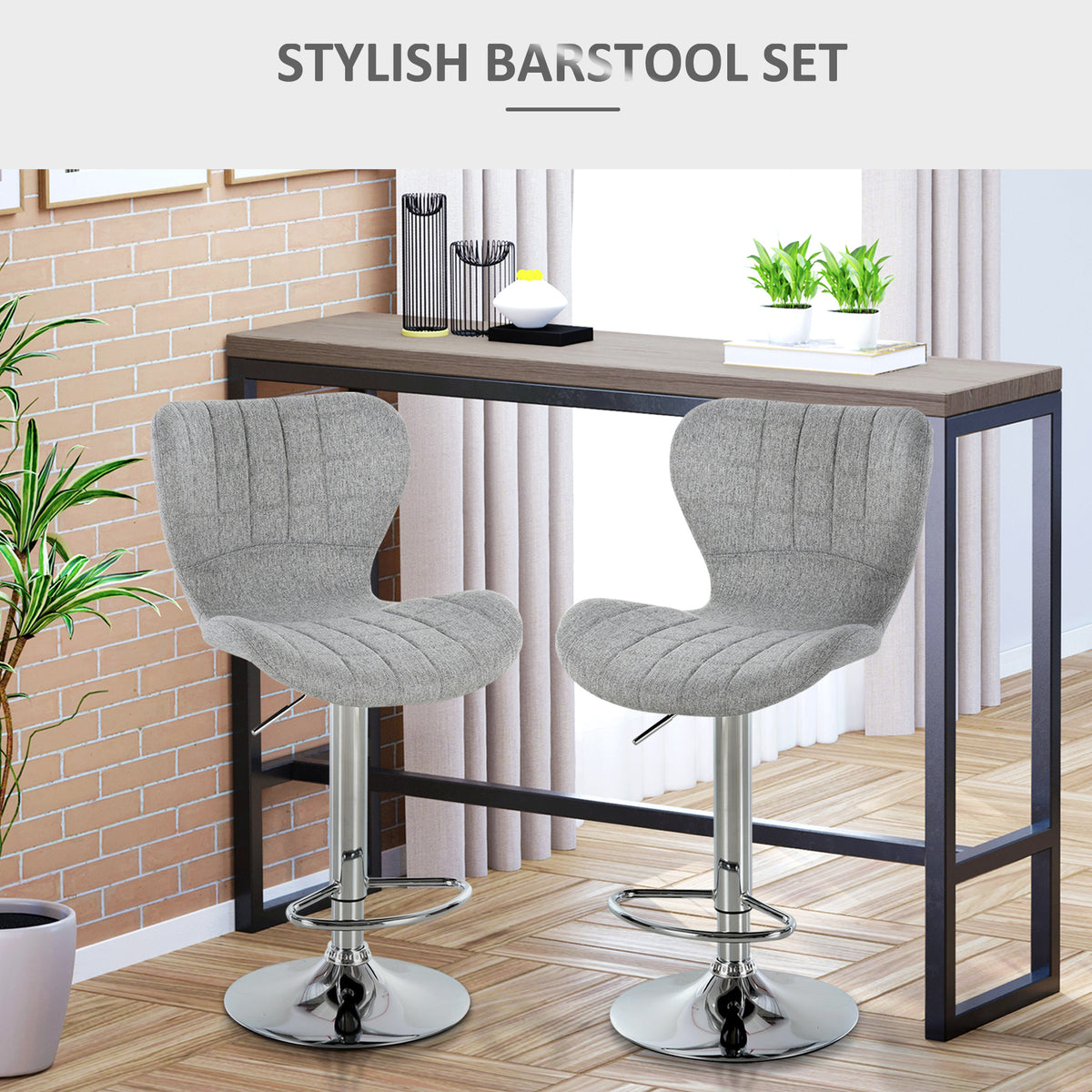 Set of 2 Swivel Bar Stools - Adjustable Grey Fabric-Home Furnishings > Kitchen & Dining Furniture > Bar Stools-DECOROLALA