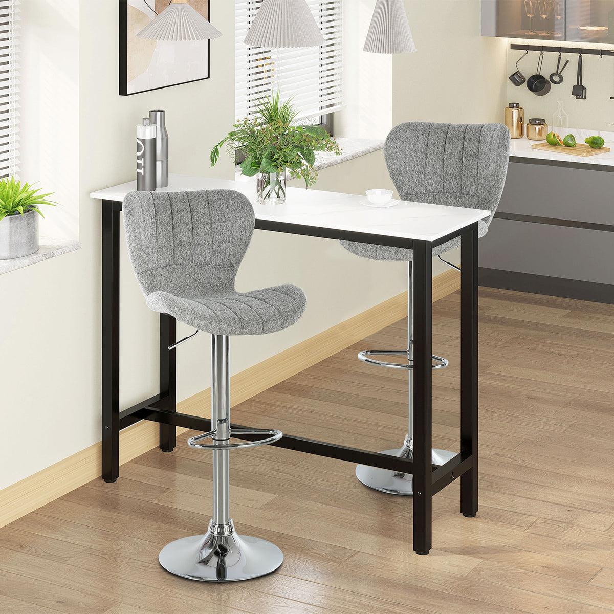 Set of 2 Swivel Bar Stools - Adjustable Grey Fabric-Home Furnishings > Kitchen & Dining Furniture > Bar Stools-DECOROLALA