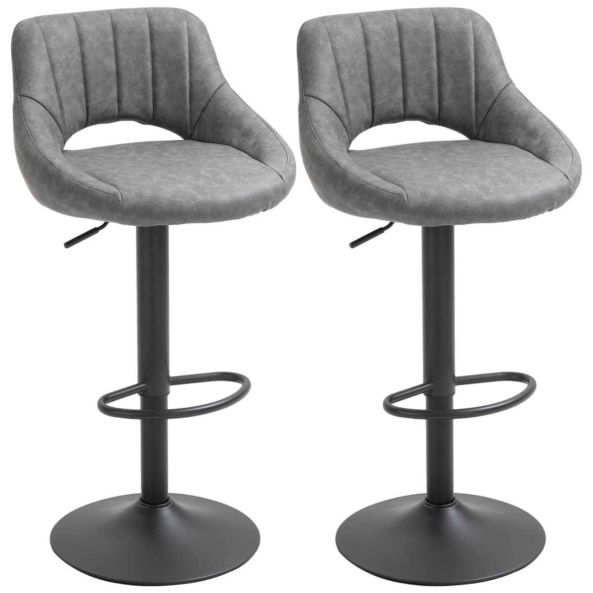 Set of 2 Swivel Bar Stools - Adjustable Grey PU Leather-Bar Stools-DECOROLALA