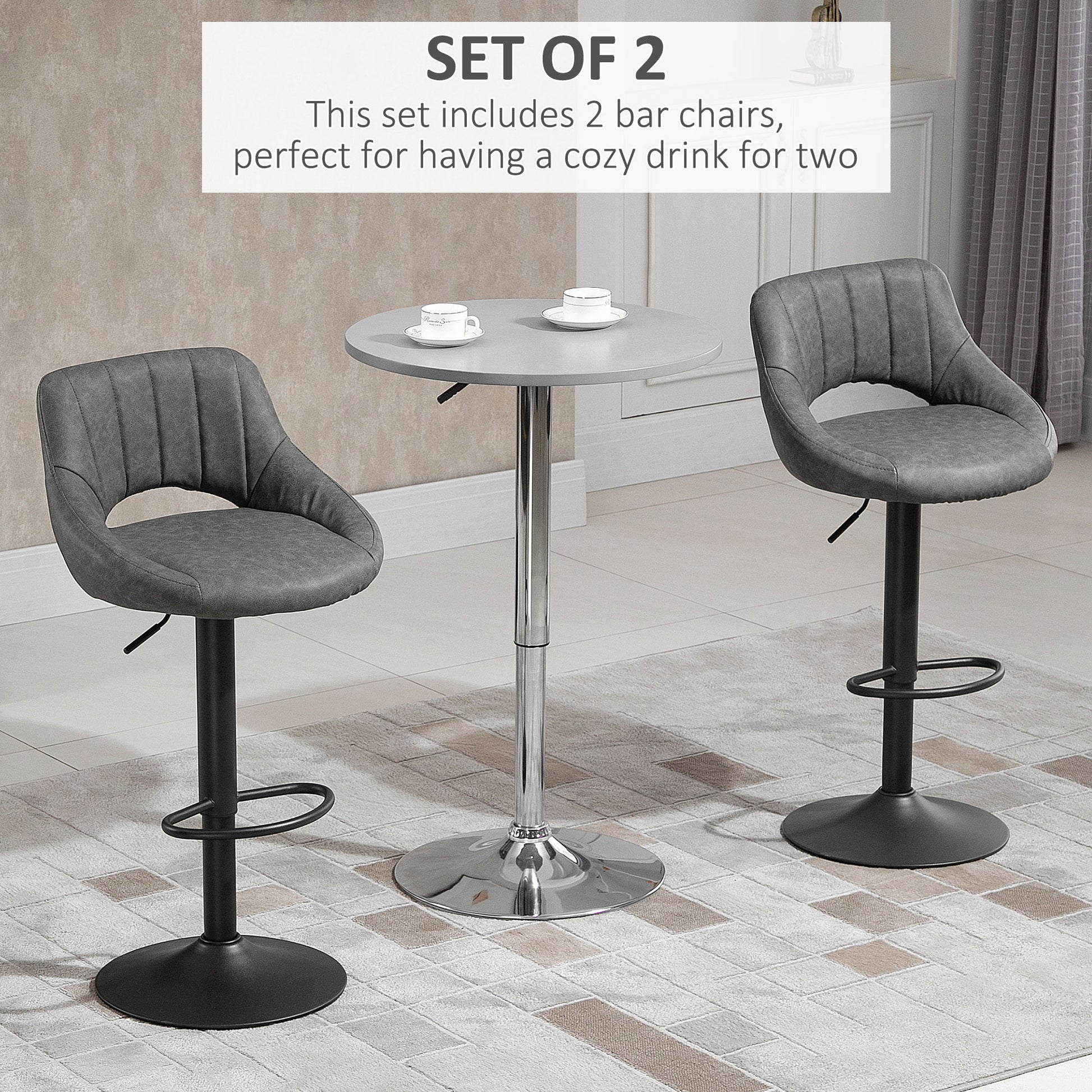 Set of 2 Swivel Bar Stools - Adjustable Grey PU Leather-Home Furnishings > Kitchen & Dining Furniture > Bar Stools-DECOROLALA