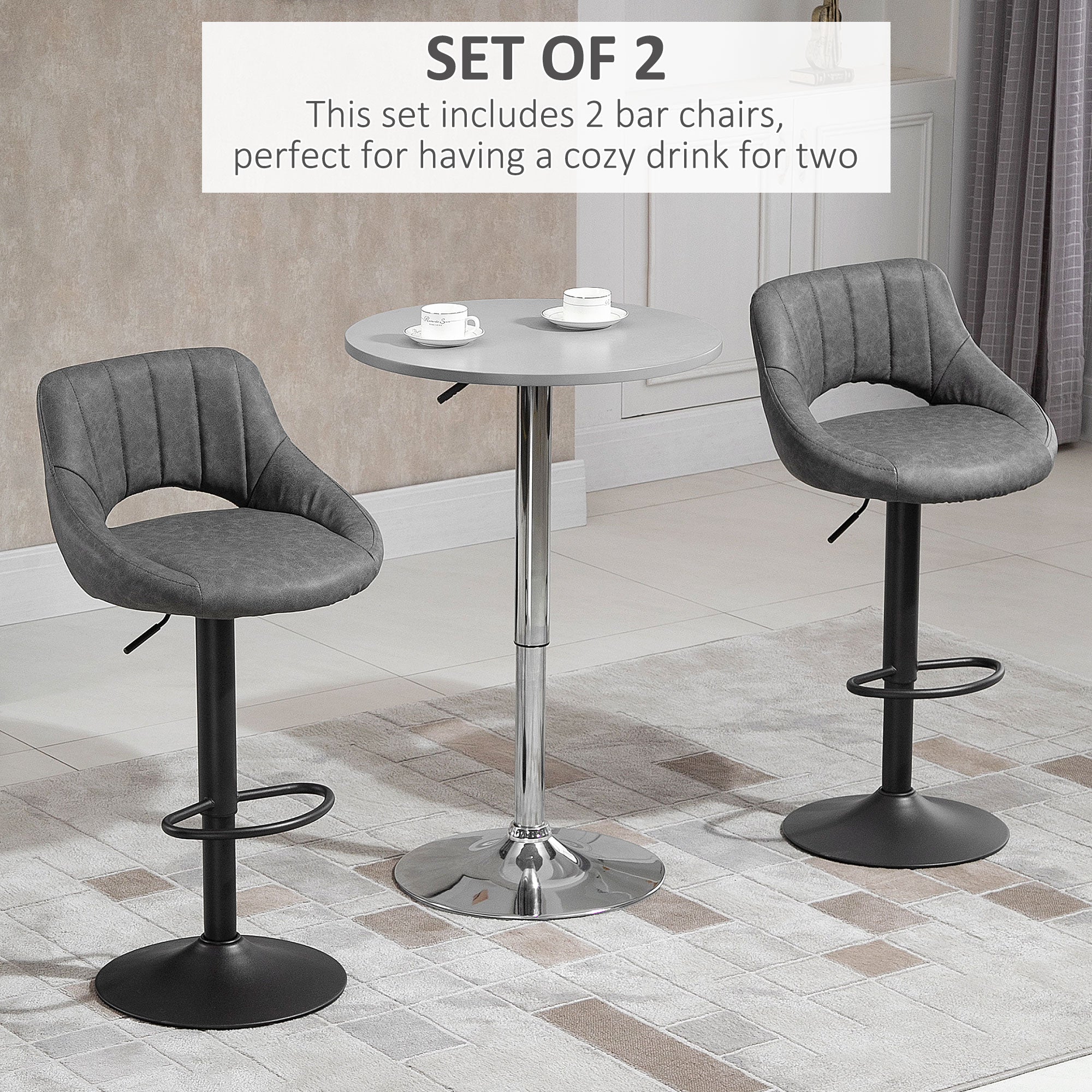 Set of 2 Swivel Bar Stools - Adjustable Grey PU Leather-Home Furnishings > Kitchen & Dining Furniture > Bar Stools-DECOROLALA