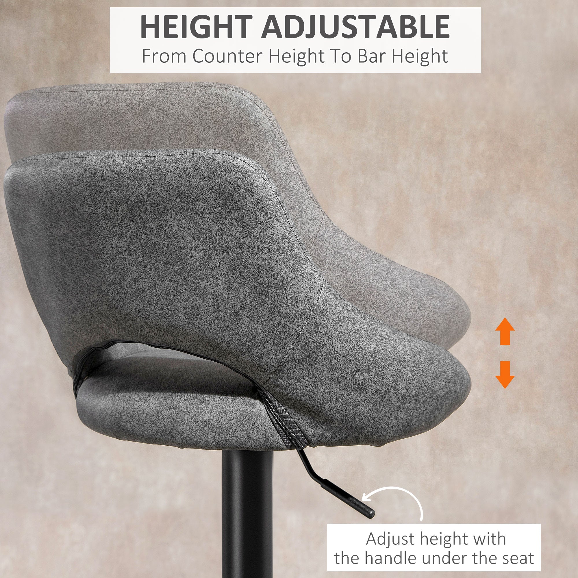 Set of 2 Swivel Bar Stools - Adjustable Grey PU Leather-Home Furnishings > Kitchen & Dining Furniture > Bar Stools-DECOROLALA