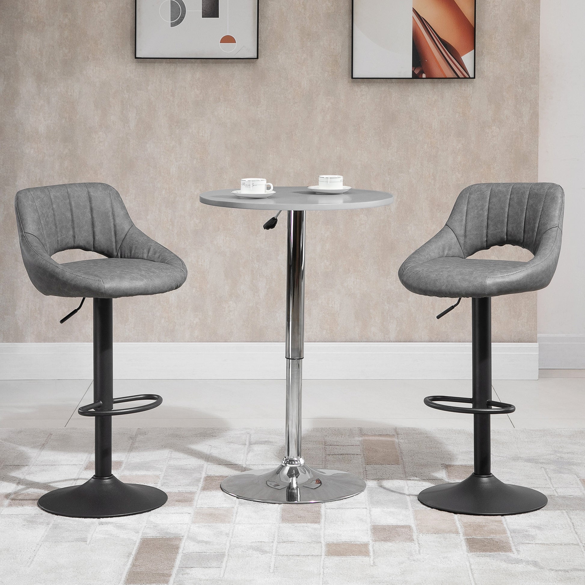 Set of 2 Swivel Bar Stools - Adjustable Grey PU Leather-Home Furnishings > Kitchen & Dining Furniture > Bar Stools-DECOROLALA