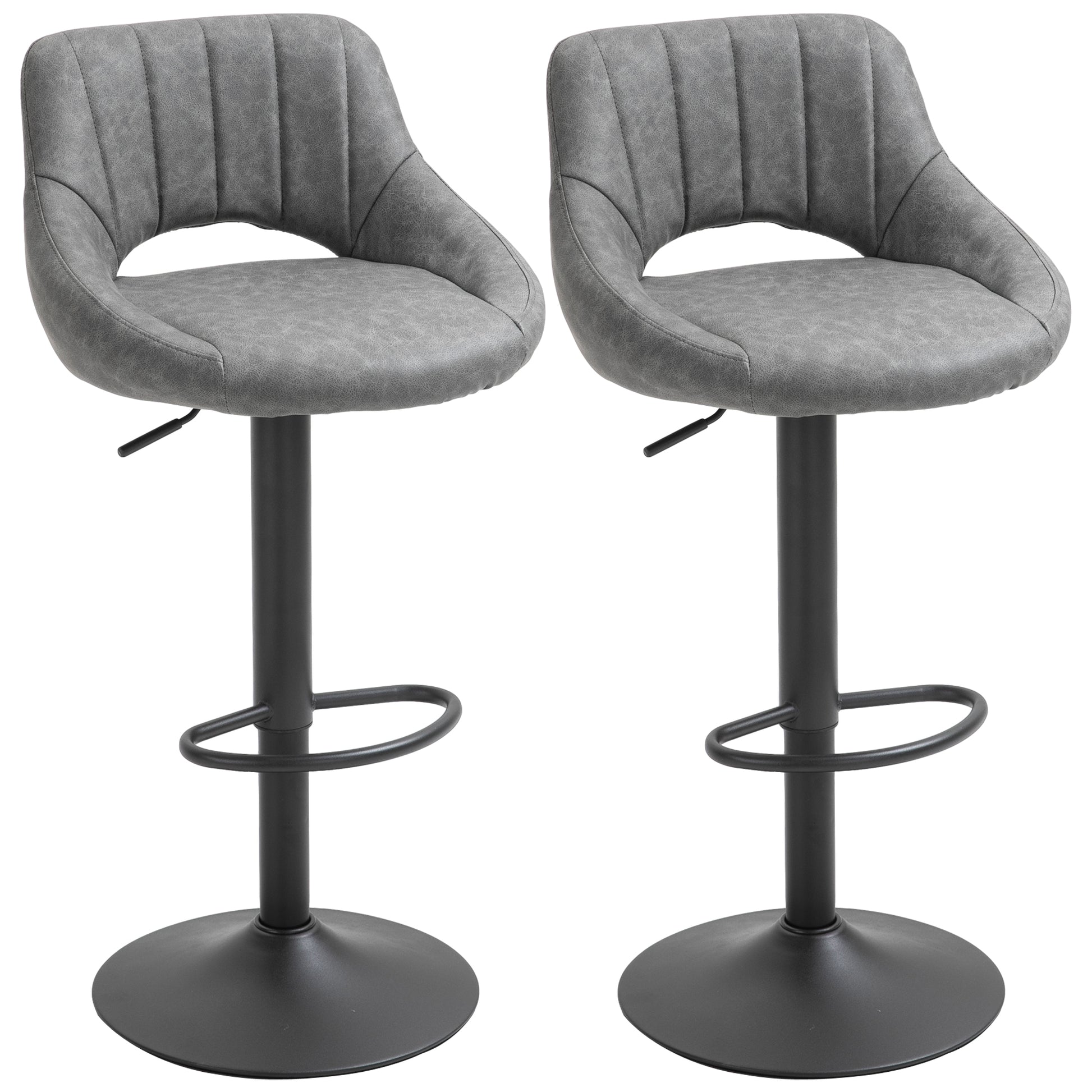 Set of 2 Swivel Bar Stools - Adjustable Grey PU Leather-Home Furnishings > Kitchen & Dining Furniture > Bar Stools-DECOROLALA