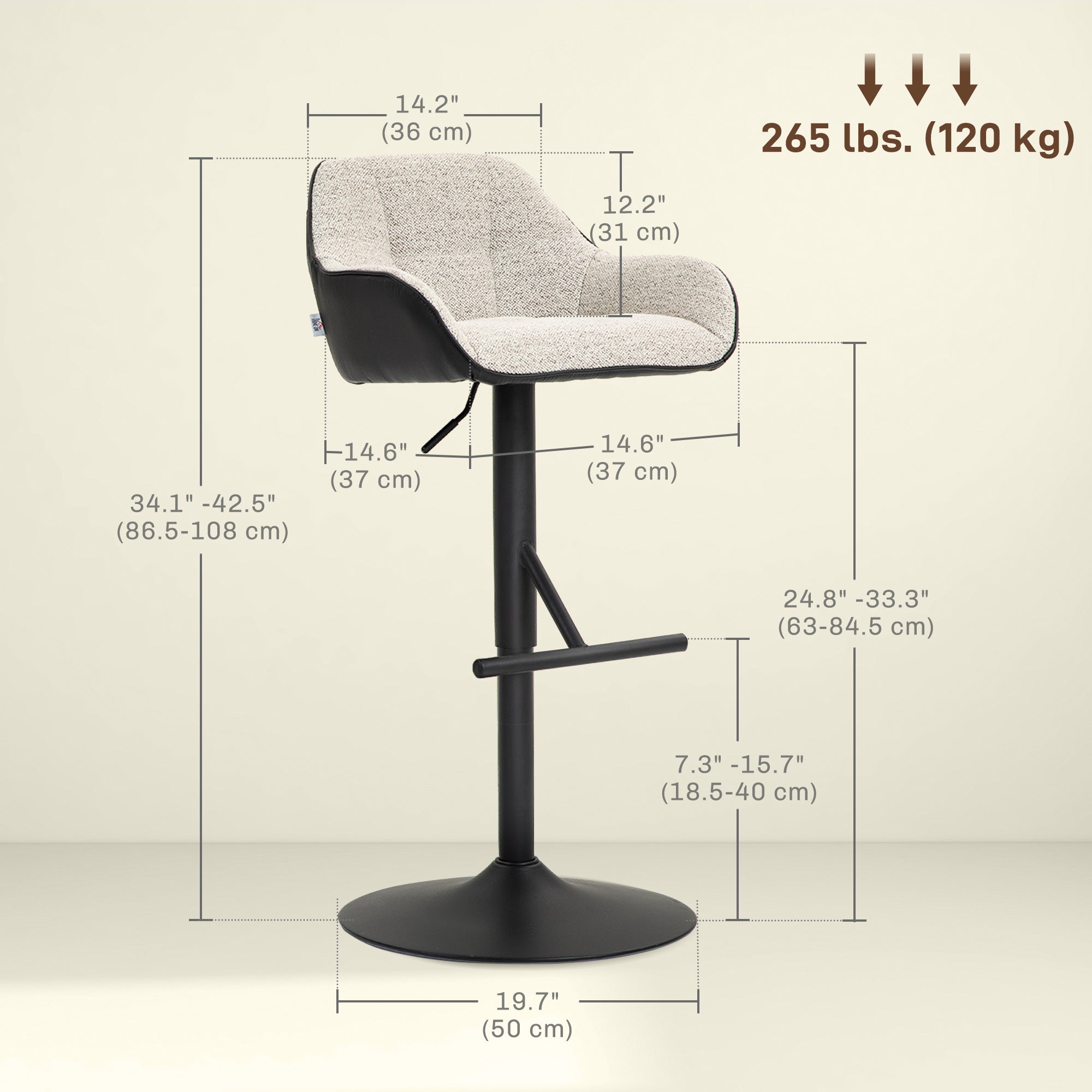 Set of 2 Swivel Bar Stools - Adjustable Light Grey Linen-DECOROLALA