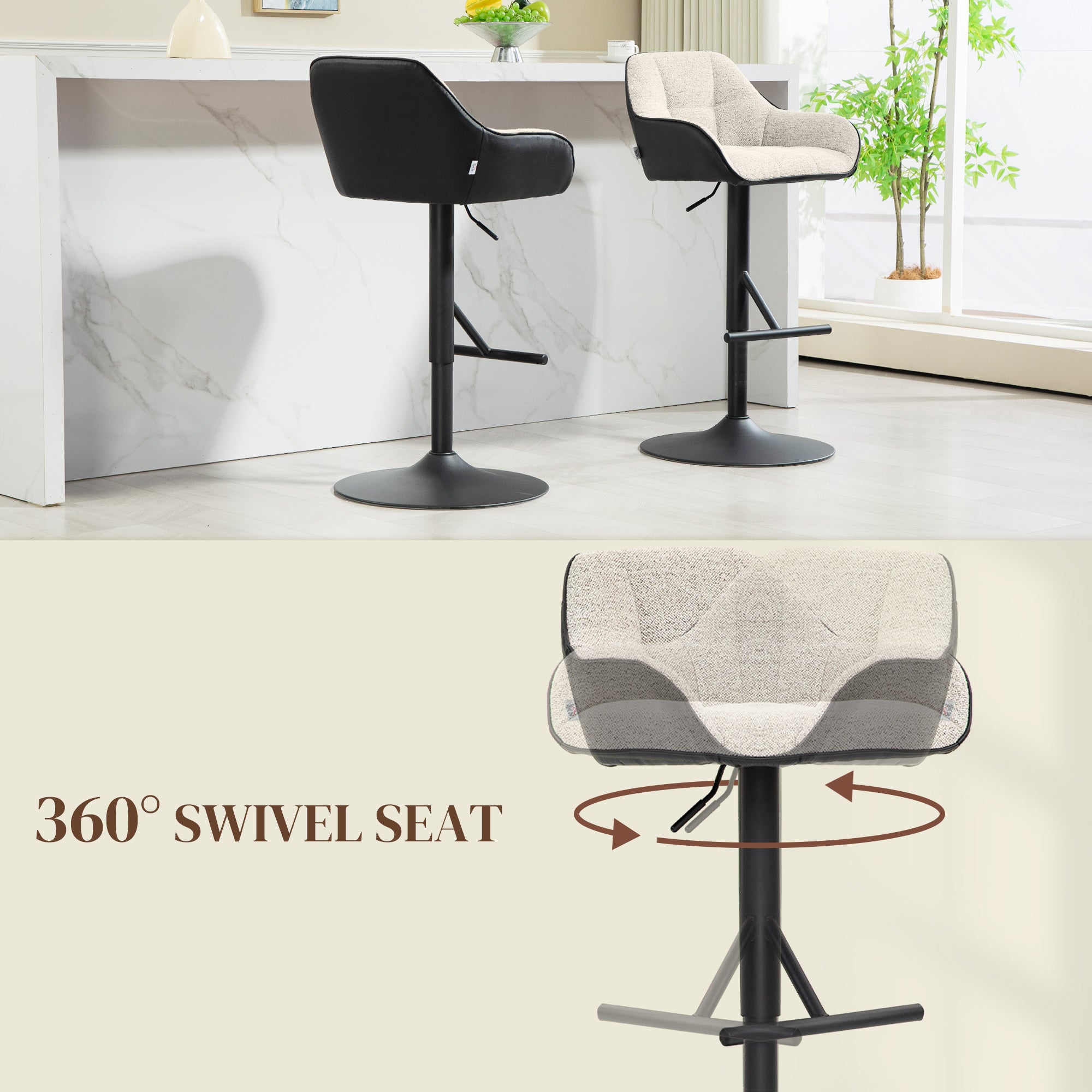 Set of 2 Swivel Bar Stools - Adjustable Light Grey Linen-DECOROLALA