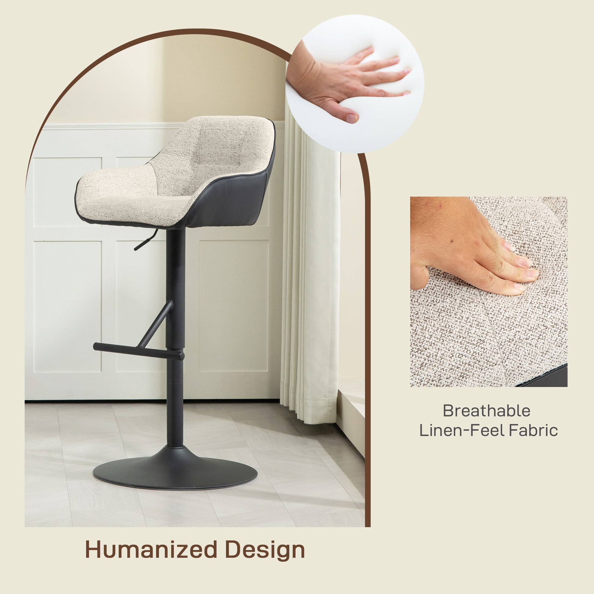 Set of 2 Swivel Bar Stools - Adjustable Light Grey Linen-DECOROLALA