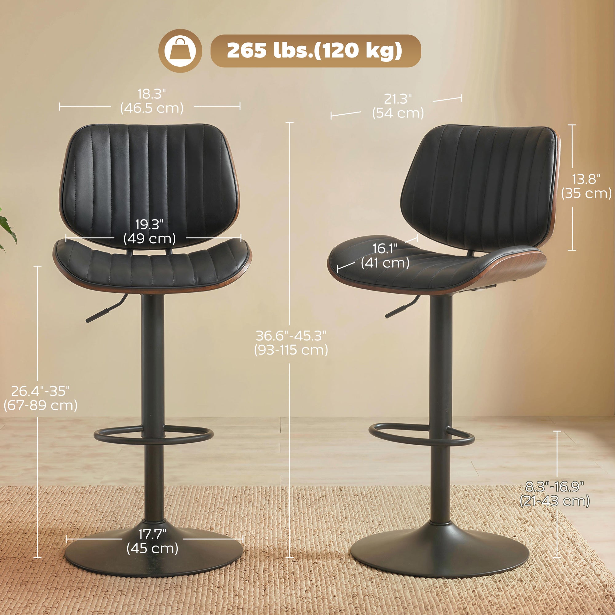 Set of 2 Swivel Bar Stools - Adjustable Mid-Century Black-DECOROLALA