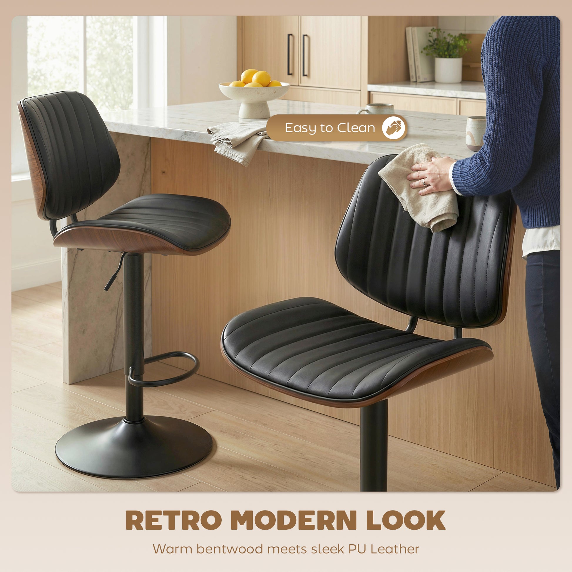 Set of 2 Swivel Bar Stools - Adjustable Mid-Century Black-DECOROLALA