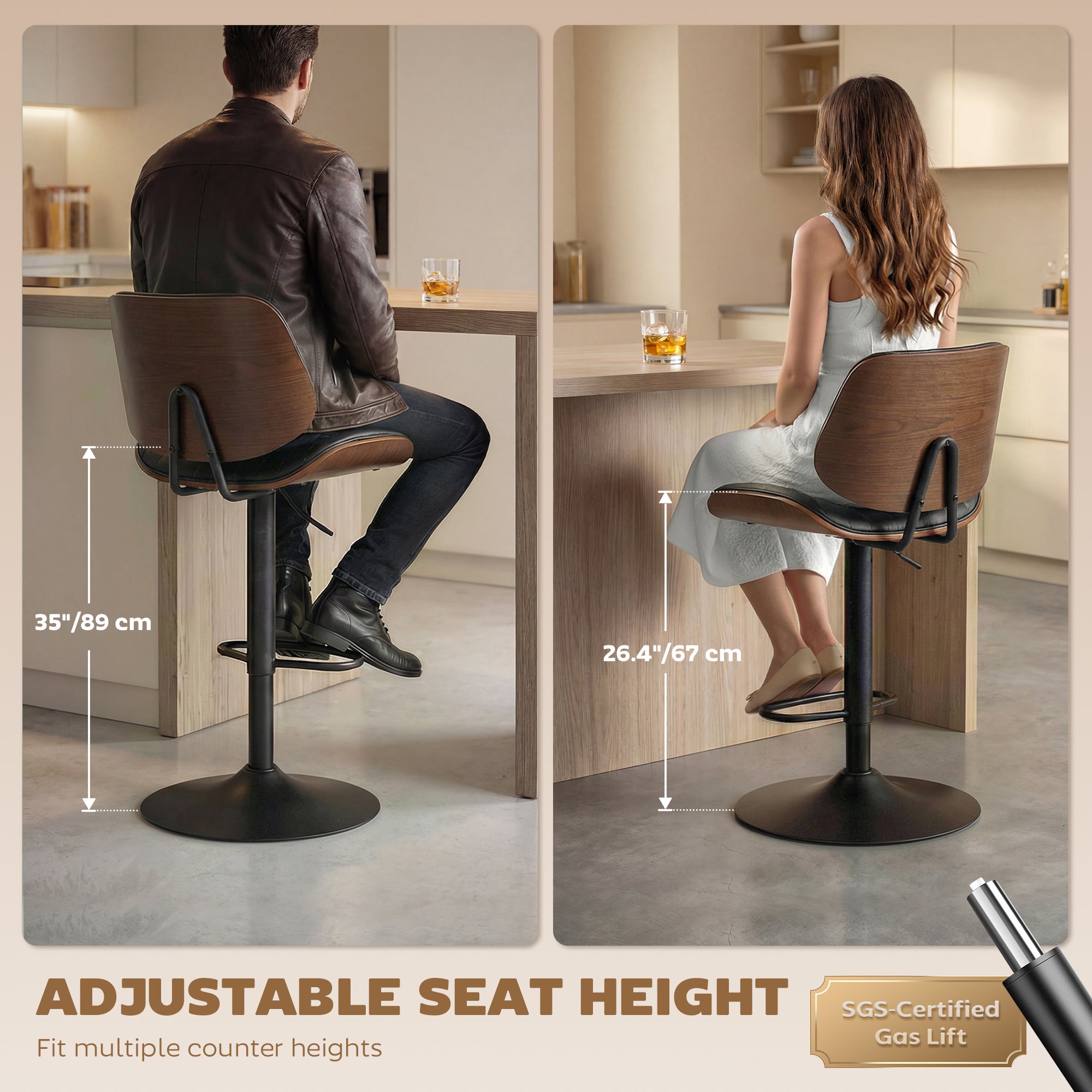 Set of 2 Swivel Bar Stools - Adjustable Mid-Century Black-DECOROLALA