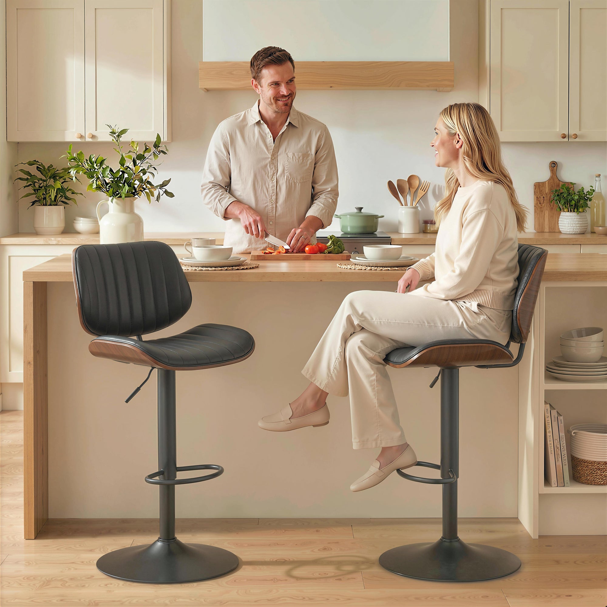 Set of 2 Swivel Bar Stools - Adjustable Mid-Century Black-DECOROLALA