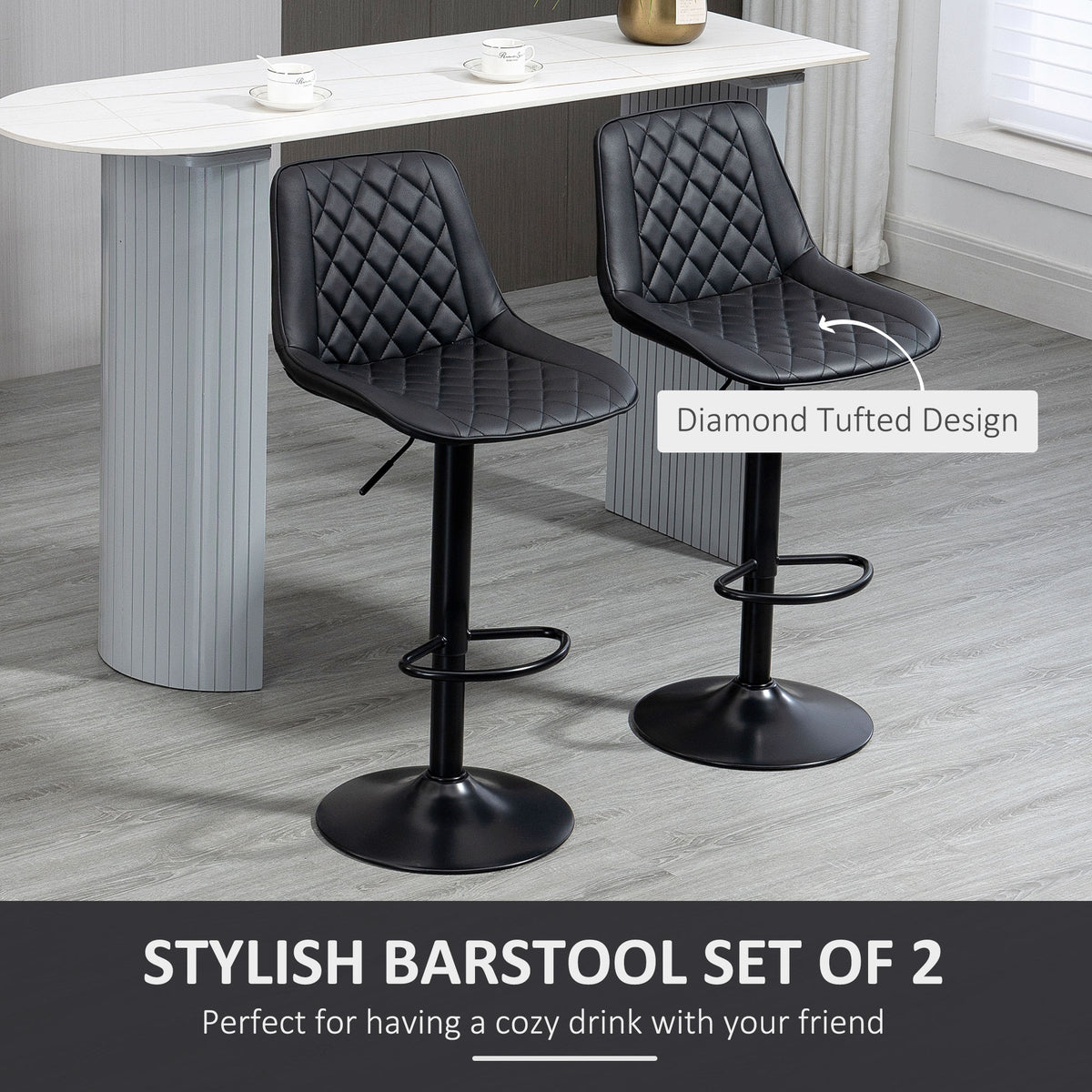 Set of 2 Swivel Bar Stools - Adjustable PU Leather Black-Home Furnishings > Kitchen & Dining Furniture > Bar Stools-DECOROLALA