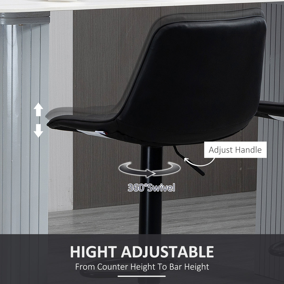 Set of 2 Swivel Bar Stools - Adjustable PU Leather Black-Home Furnishings > Kitchen & Dining Furniture > Bar Stools-DECOROLALA