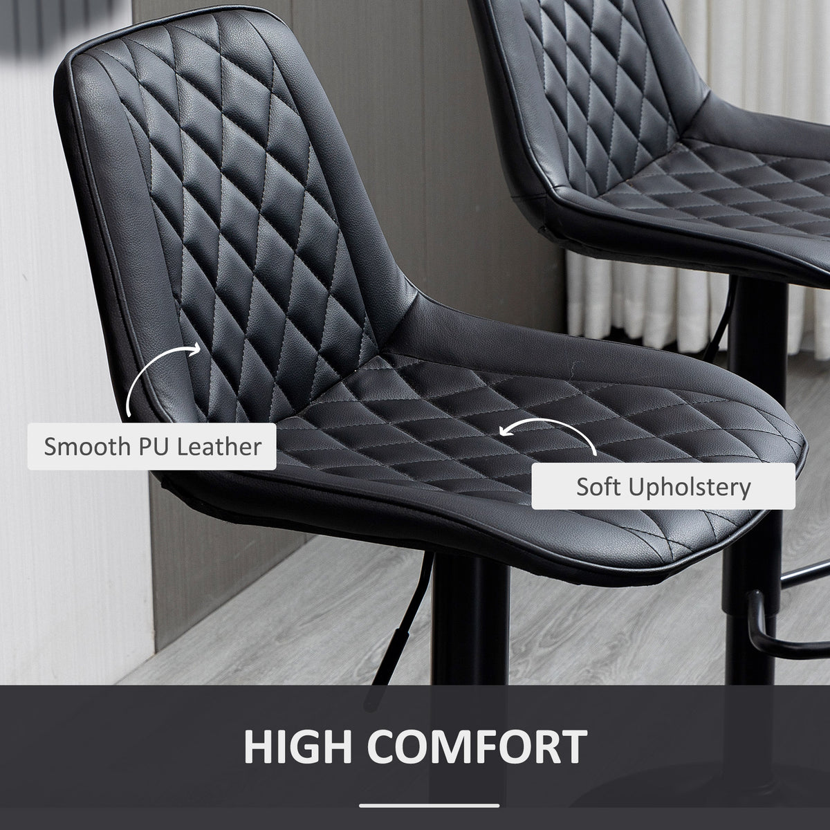 Set of 2 Swivel Bar Stools - Adjustable PU Leather Black-Home Furnishings > Kitchen & Dining Furniture > Bar Stools-DECOROLALA