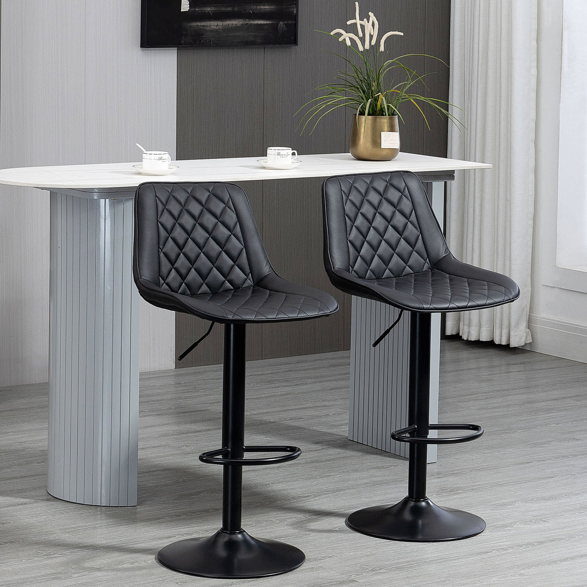 Set of 2 Swivel Bar Stools - Adjustable PU Leather Black-Home Furnishings > Kitchen & Dining Furniture > Bar Stools-DECOROLALA