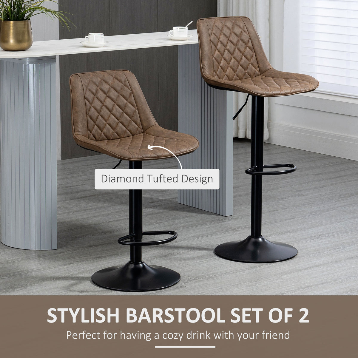 Set of 2 Swivel Bar Stools - Adjustable PU Leather Dark Brown-Home Furnishings > Kitchen & Dining Furniture > Bar Stools-DECOROLALA