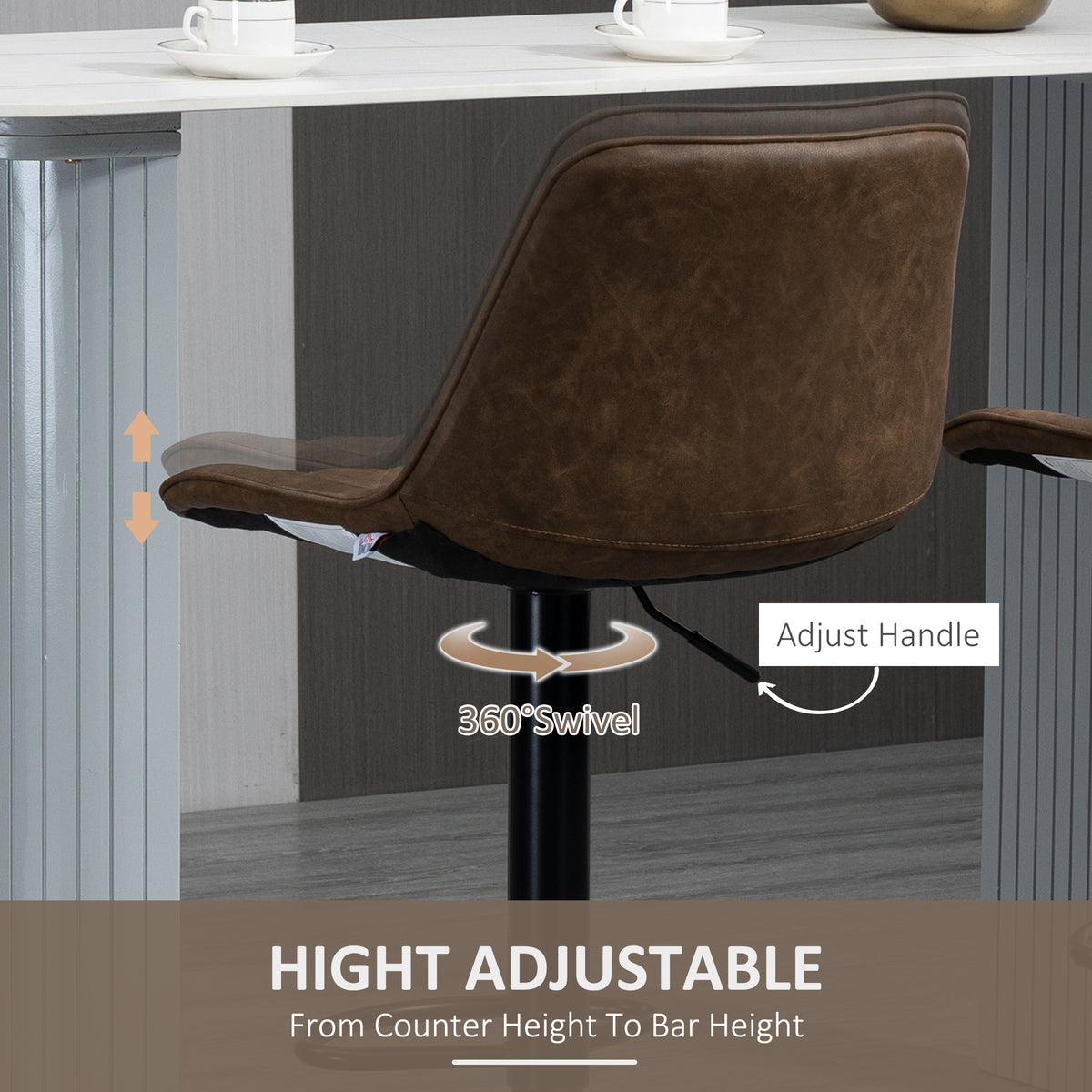 Set of 2 Swivel Bar Stools - Adjustable PU Leather Dark Brown-Home Furnishings > Kitchen & Dining Furniture > Bar Stools-DECOROLALA