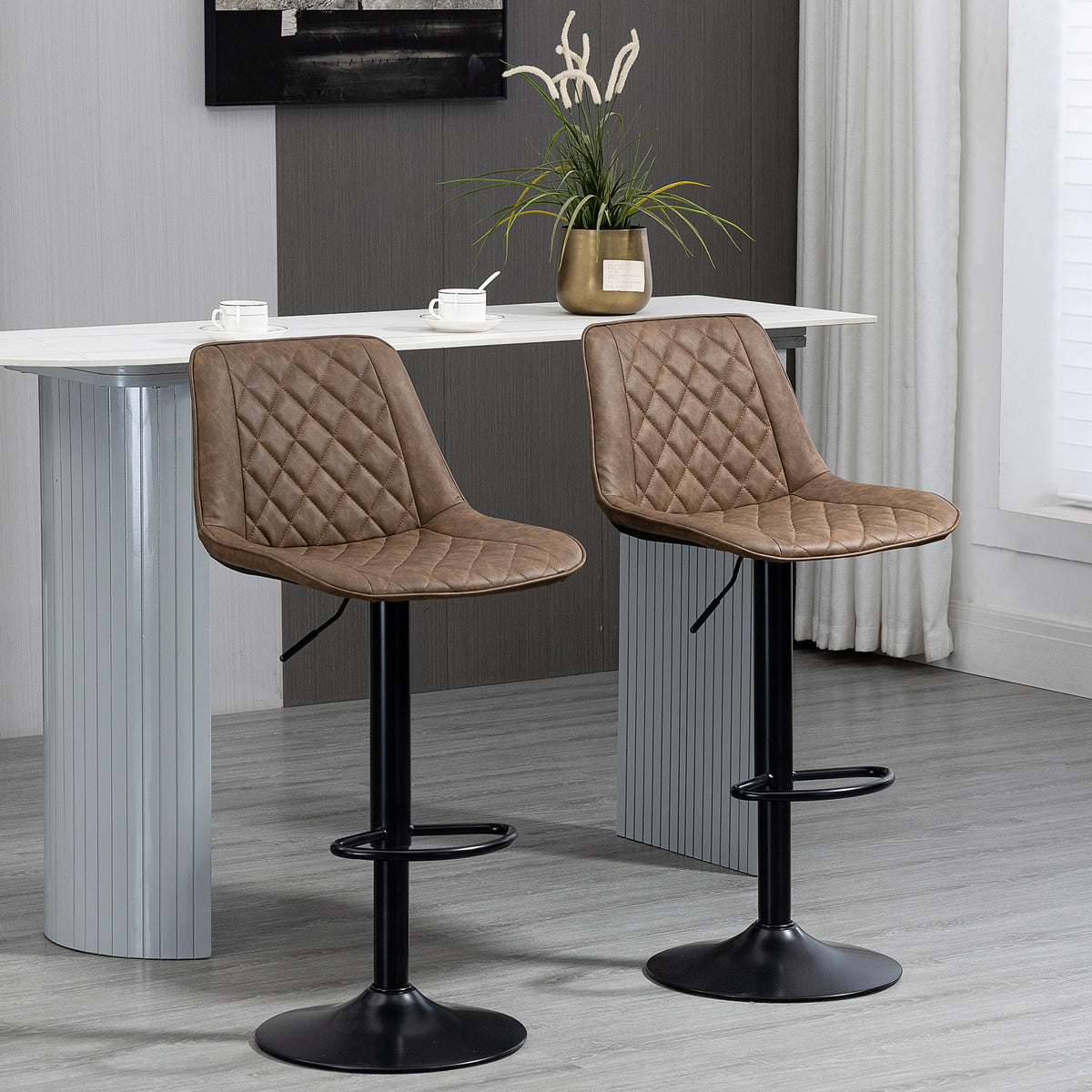 Set of 2 Swivel Bar Stools - Adjustable PU Leather Dark Brown-Home Furnishings > Kitchen & Dining Furniture > Bar Stools-DECOROLALA