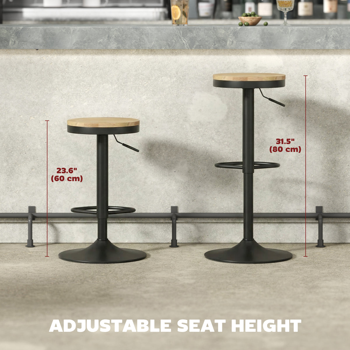 Set of 2 Swivel Bar Stools - Adjustable Wood and Steel-Home Furnishings > Kitchen & Dining Furniture > Bar Stools-DECOROLALA